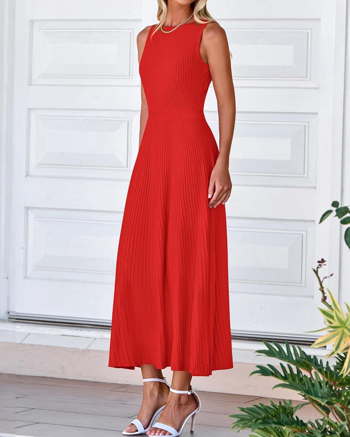 imageBTFBM Women Tank Midi Dress Summer Crewneck Sleeveless Pleated A Line Business Casual Formal Sweater Spring Dresses 2026Brick Red