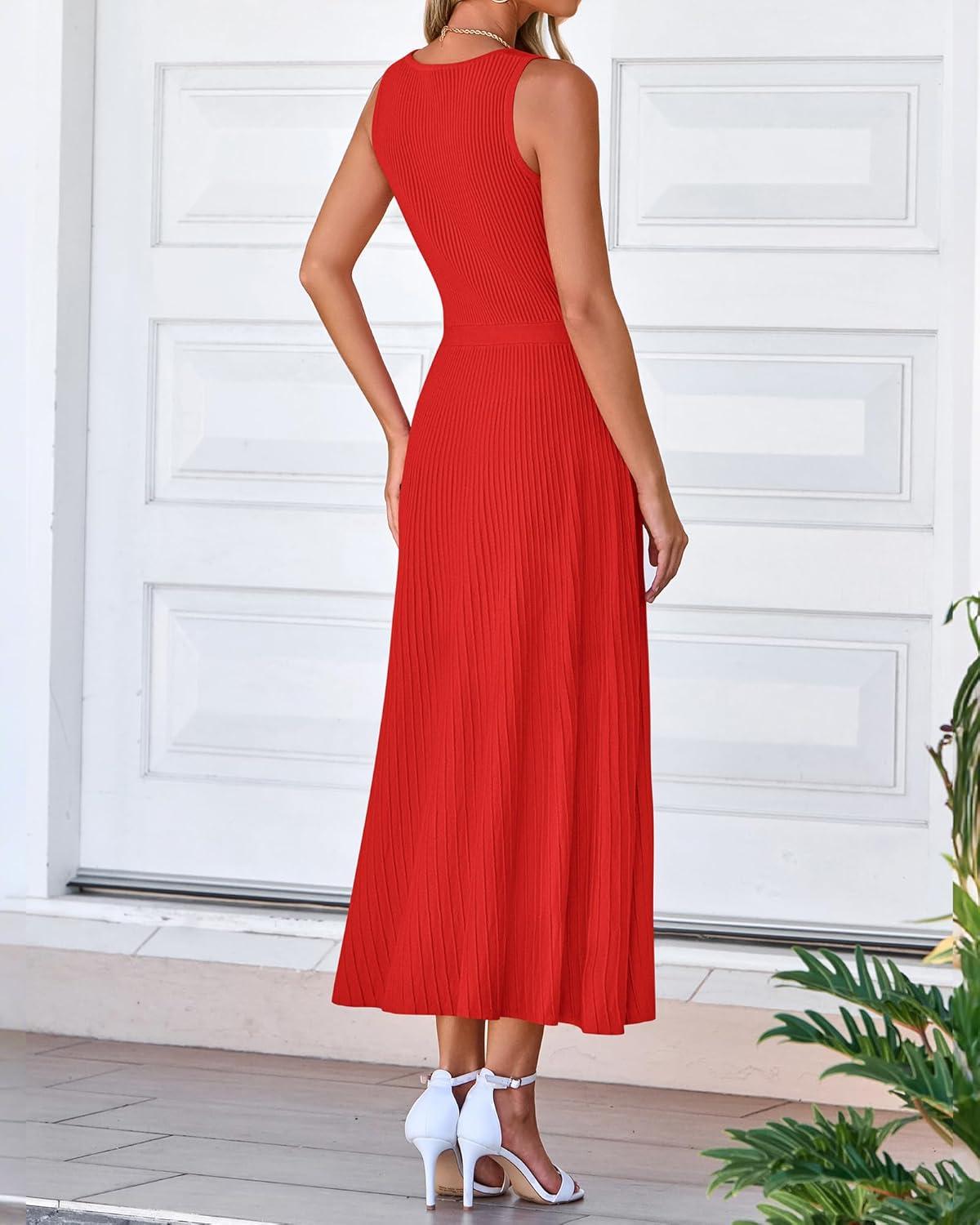 imageBTFBM Women Tank Midi Dress Summer Crewneck Sleeveless Pleated A Line Business Casual Formal Sweater Spring Dresses 2026Brick Red
