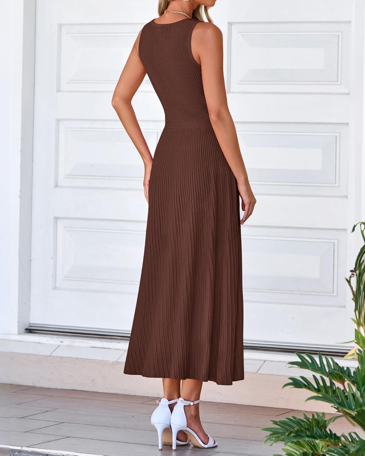imageBTFBM Women Tank Midi Dress Summer Crewneck Sleeveless Pleated A Line Business Casual Formal Sweater Spring Dresses 2026Brown