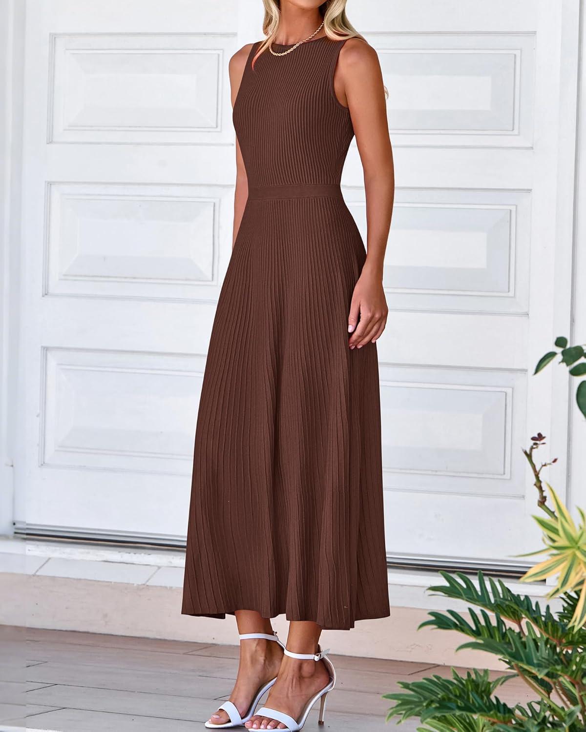 imageBTFBM Women Tank Midi Dress Summer Crewneck Sleeveless Pleated A Line Business Casual Formal Sweater Spring Dresses 2026Brown