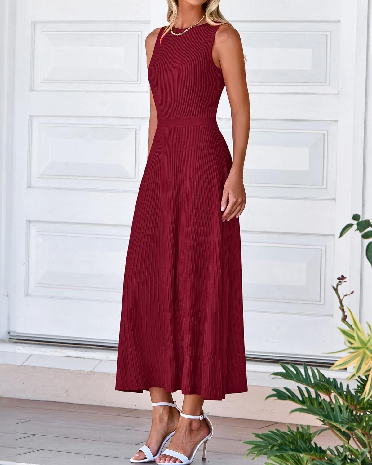 imageBTFBM Women Tank Midi Dress Summer Crewneck Sleeveless Pleated A Line Business Casual Formal Sweater Spring Dresses 2026Burgundy