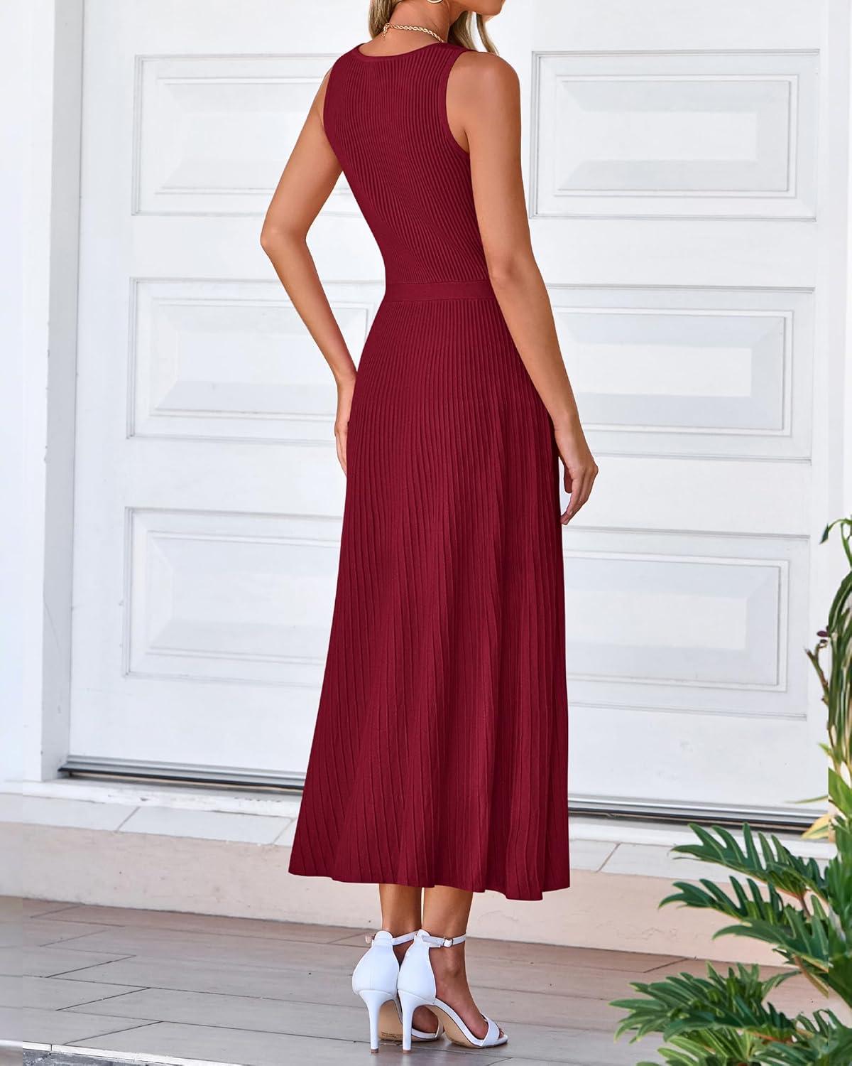 imageBTFBM Women Tank Midi Dress Summer Crewneck Sleeveless Pleated A Line Business Casual Formal Sweater Spring Dresses 2026Burgundy