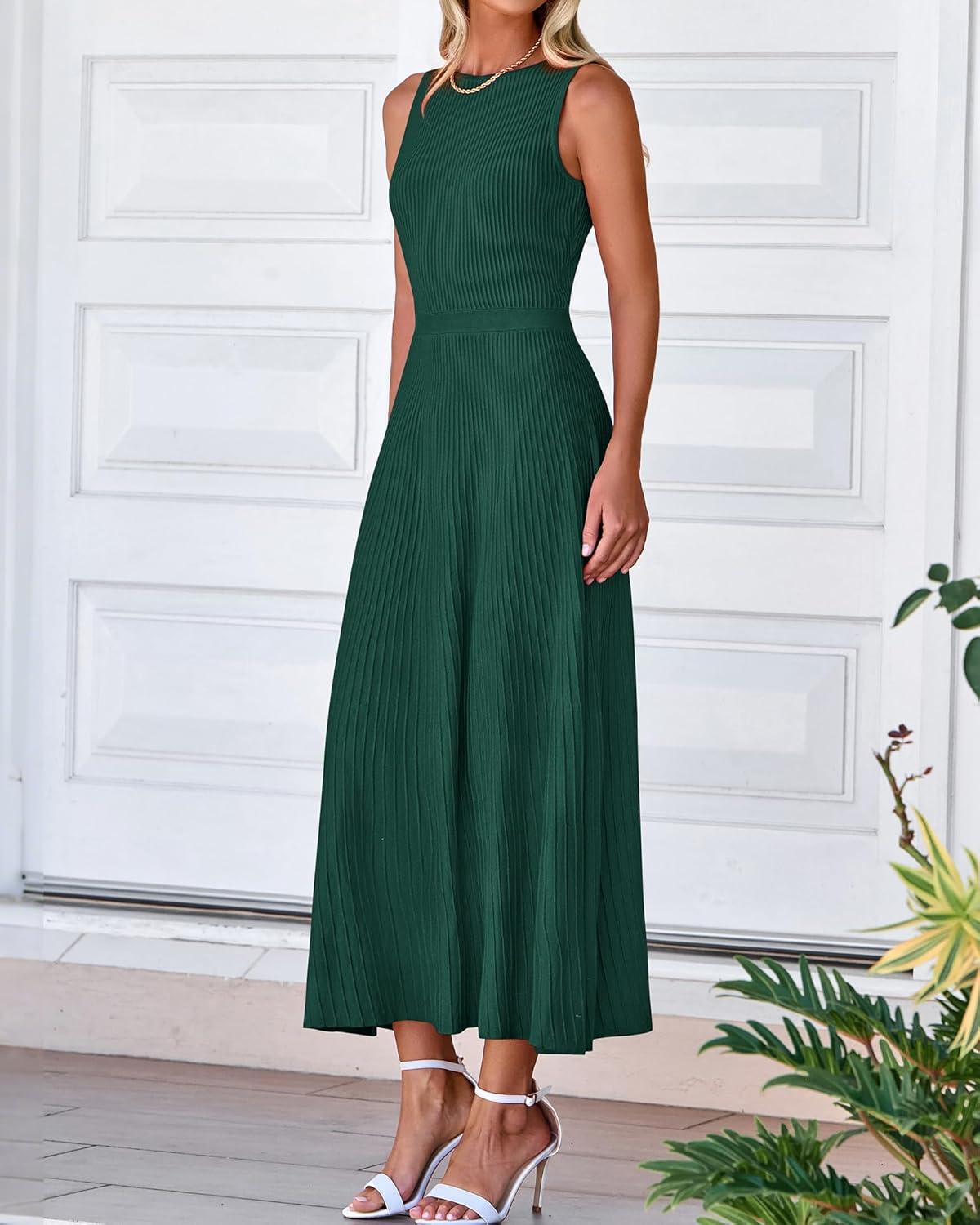 imageBTFBM Women Tank Midi Dress Summer Crewneck Sleeveless Pleated A Line Business Casual Formal Sweater Spring Dresses 2026Dark Green