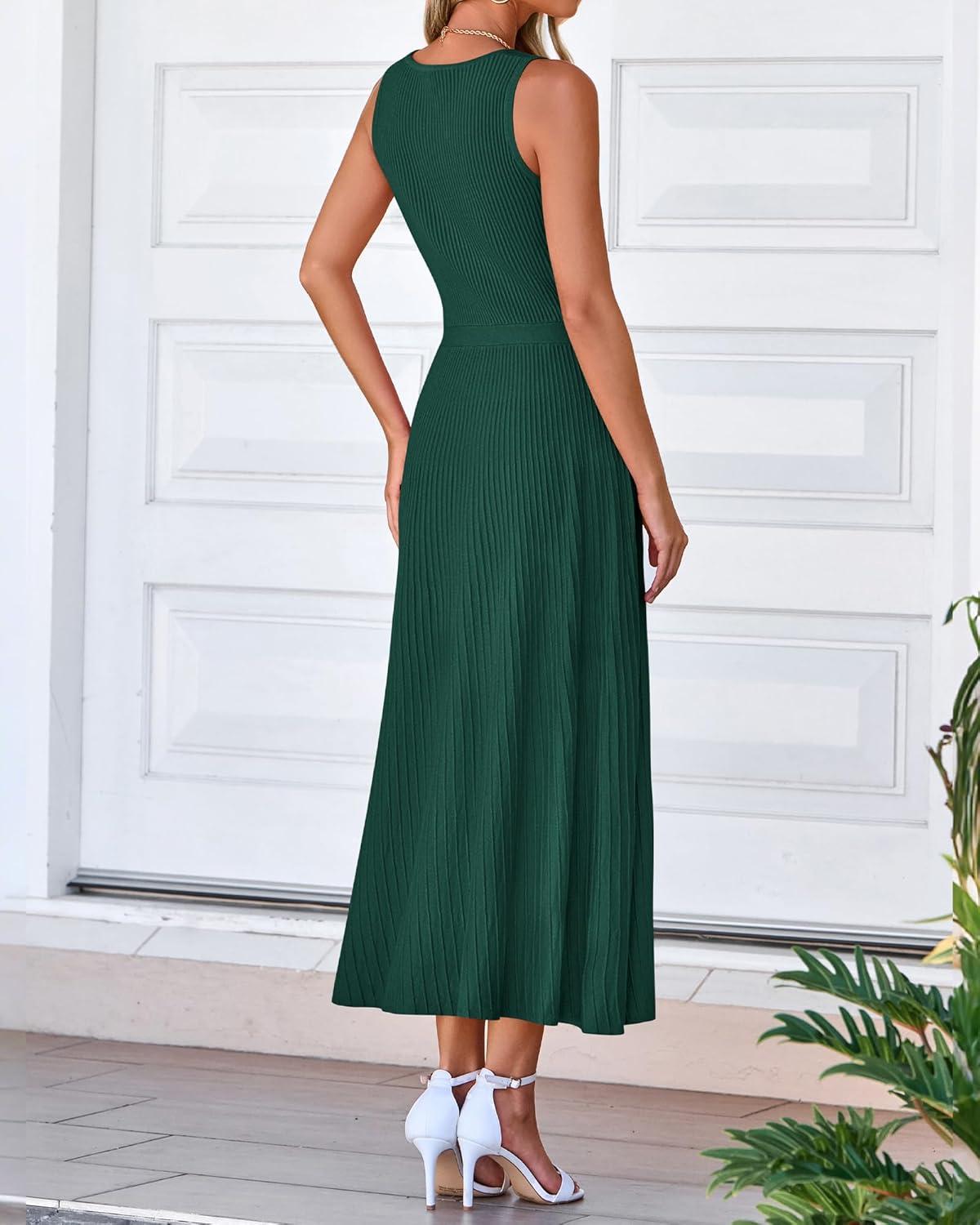 imageBTFBM Women Tank Midi Dress Summer Crewneck Sleeveless Pleated A Line Business Casual Formal Sweater Spring Dresses 2026Dark Green