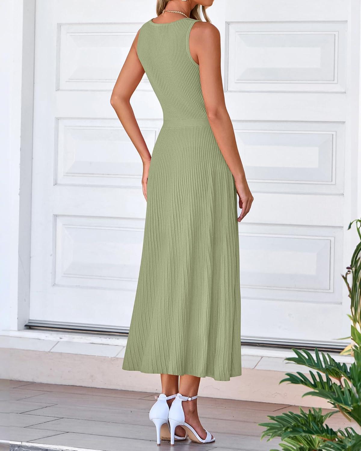 imageBTFBM Women Tank Midi Dress Summer Crewneck Sleeveless Pleated A Line Business Casual Formal Sweater Spring Dresses 2026Mist Green