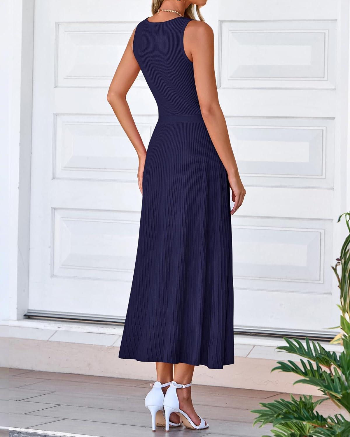 imageBTFBM Women Tank Midi Dress Summer Crewneck Sleeveless Pleated A Line Business Casual Formal Sweater Spring Dresses 2026Navy