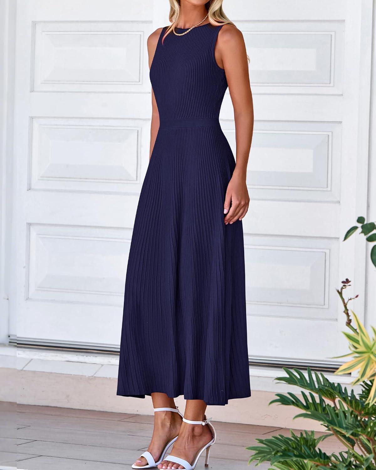 imageBTFBM Women Tank Midi Dress Summer Crewneck Sleeveless Pleated A Line Business Casual Formal Sweater Spring Dresses 2026Navy