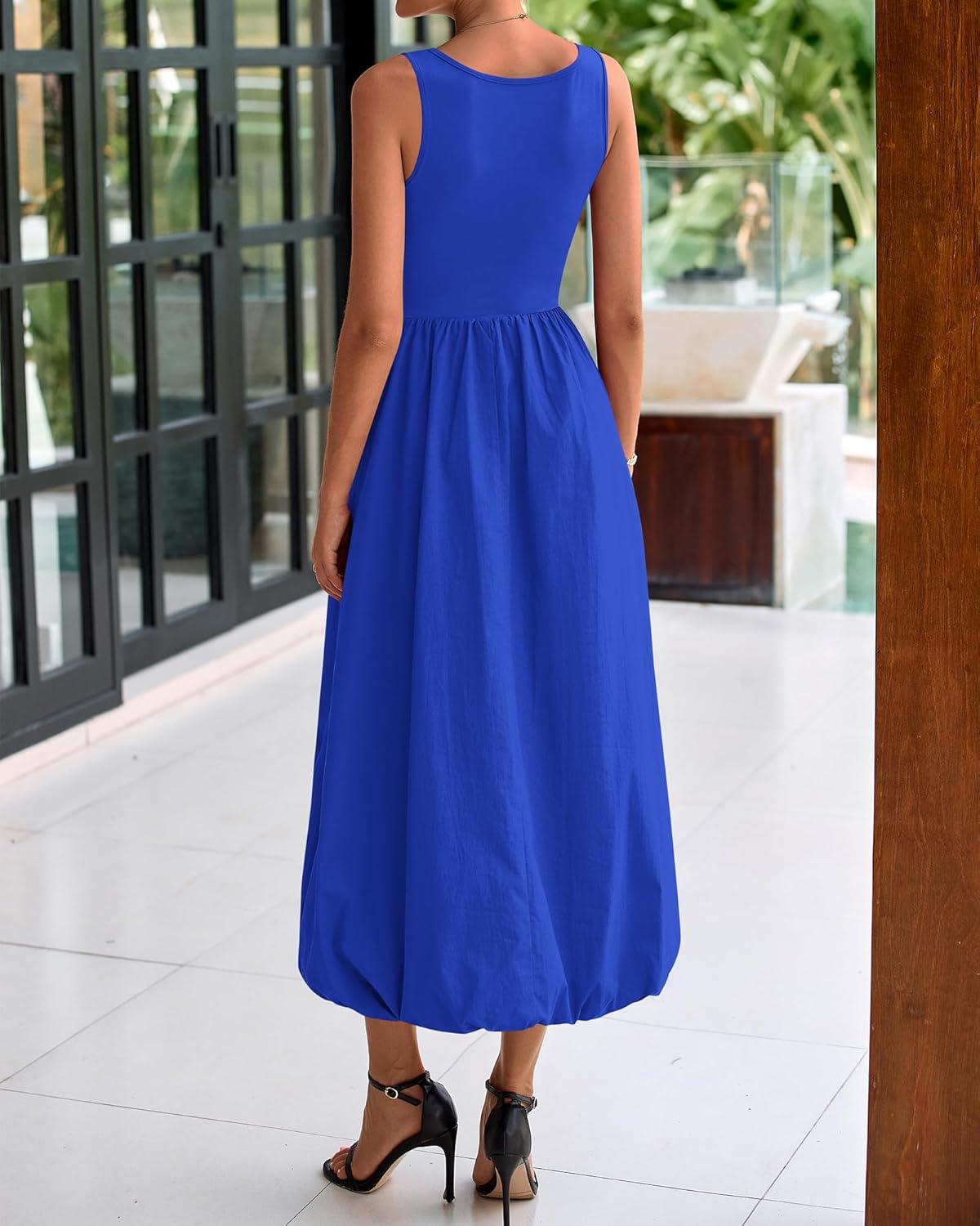 imageBTFBM Womens 2026 Summer Casual Sleeveless Midi Dress Patchwork Knit Tank Bubble Long Flowy Beach Maxi Sundress PocketsBlue