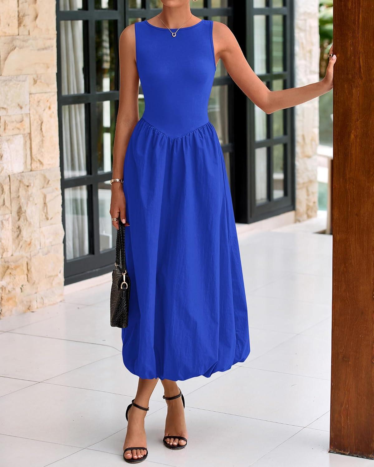 imageBTFBM Womens 2026 Summer Casual Sleeveless Midi Dress Patchwork Knit Tank Bubble Long Flowy Beach Maxi Sundress PocketsBlue