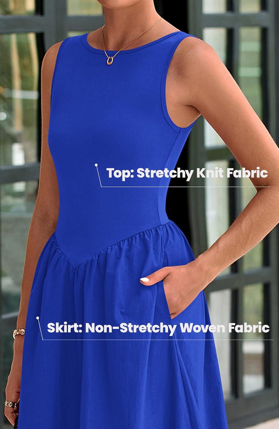 imageBTFBM Womens 2026 Summer Casual Sleeveless Midi Dress Patchwork Knit Tank Bubble Long Flowy Beach Maxi Sundress PocketsBlue