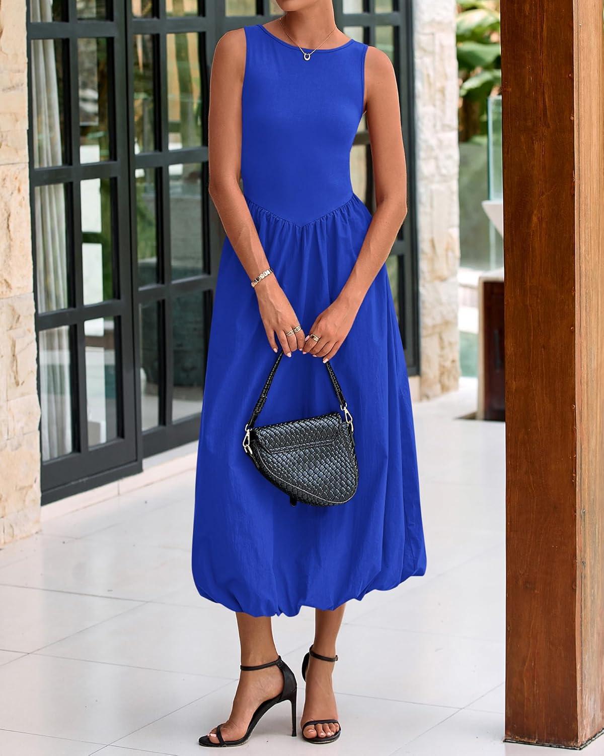imageBTFBM Womens 2026 Summer Casual Sleeveless Midi Dress Patchwork Knit Tank Bubble Long Flowy Beach Maxi Sundress PocketsBlue