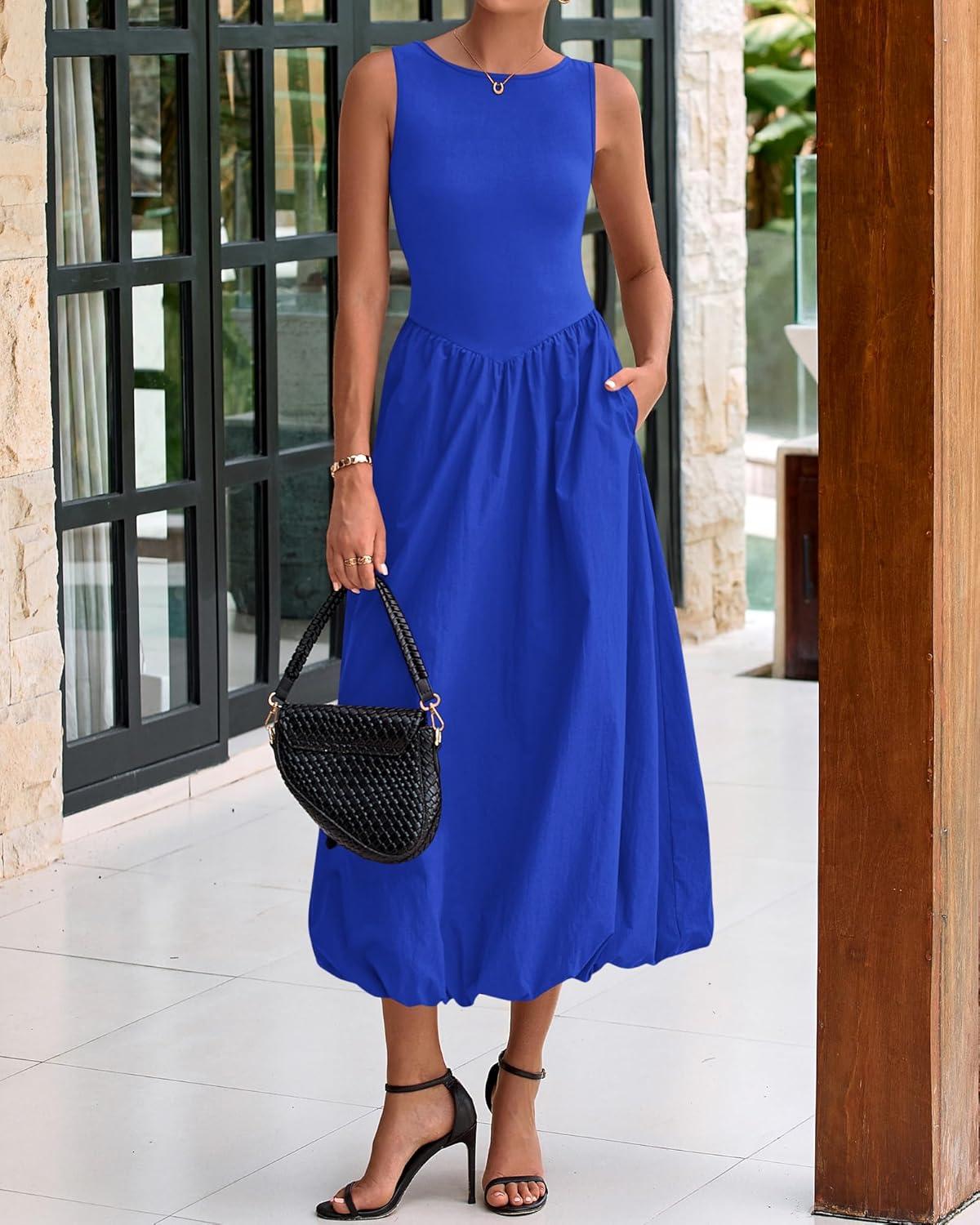imageBTFBM Womens 2026 Summer Casual Sleeveless Midi Dress Patchwork Knit Tank Bubble Long Flowy Beach Maxi Sundress PocketsBlue