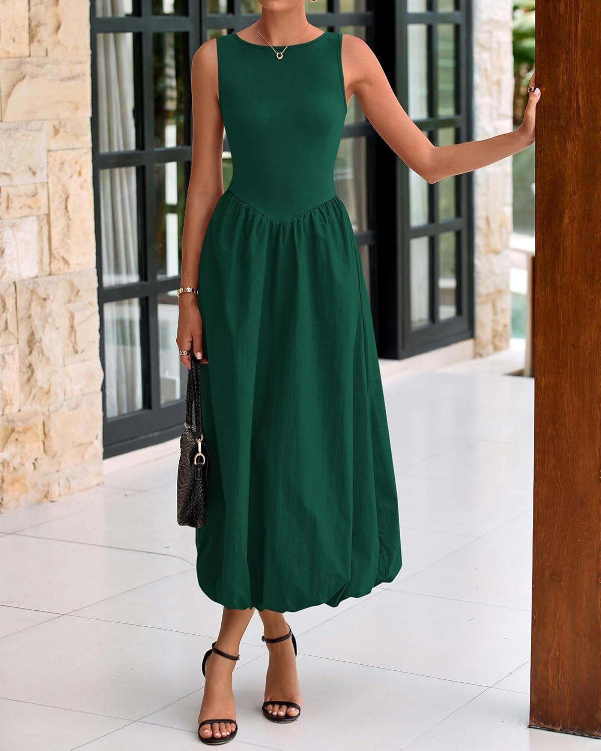 imageBTFBM Womens 2026 Summer Casual Sleeveless Midi Dress Patchwork Knit Tank Bubble Long Flowy Beach Maxi Sundress PocketsDark Green