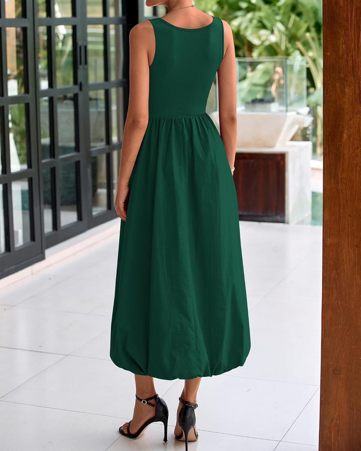 imageBTFBM Womens 2026 Summer Casual Sleeveless Midi Dress Patchwork Knit Tank Bubble Long Flowy Beach Maxi Sundress PocketsDark Green