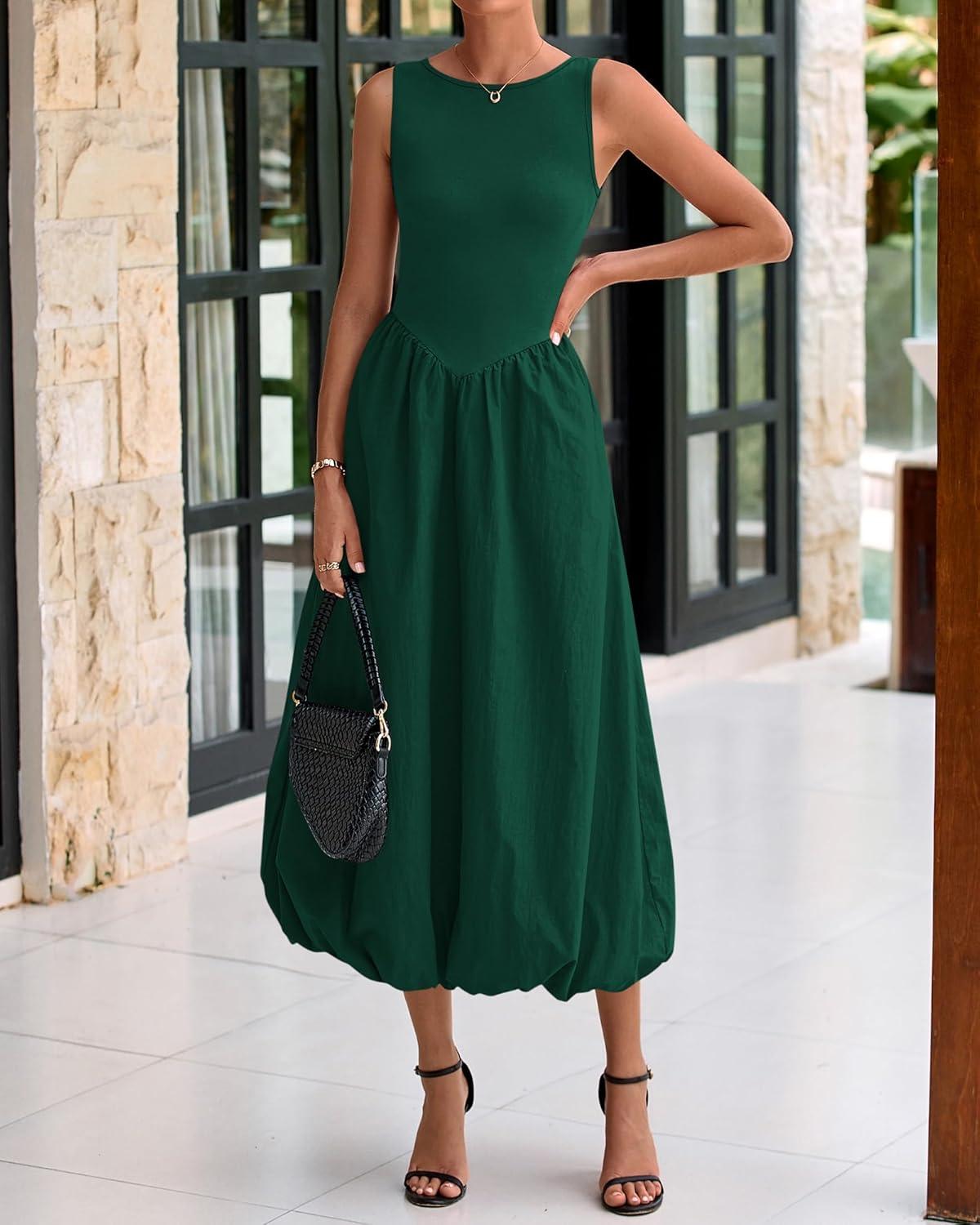 imageBTFBM Womens 2026 Summer Casual Sleeveless Midi Dress Patchwork Knit Tank Bubble Long Flowy Beach Maxi Sundress PocketsDark Green