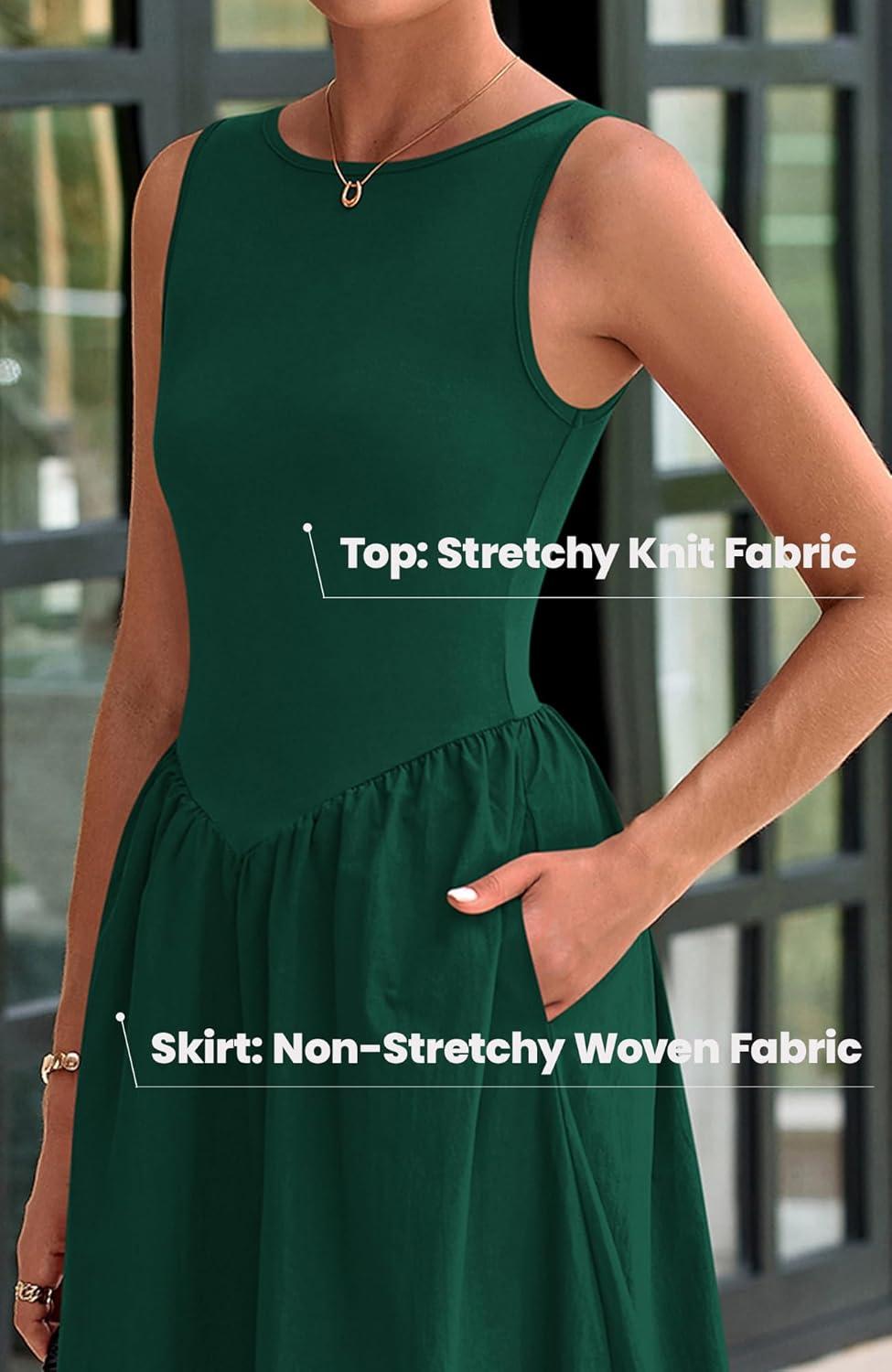 imageBTFBM Womens 2026 Summer Casual Sleeveless Midi Dress Patchwork Knit Tank Bubble Long Flowy Beach Maxi Sundress PocketsDark Green