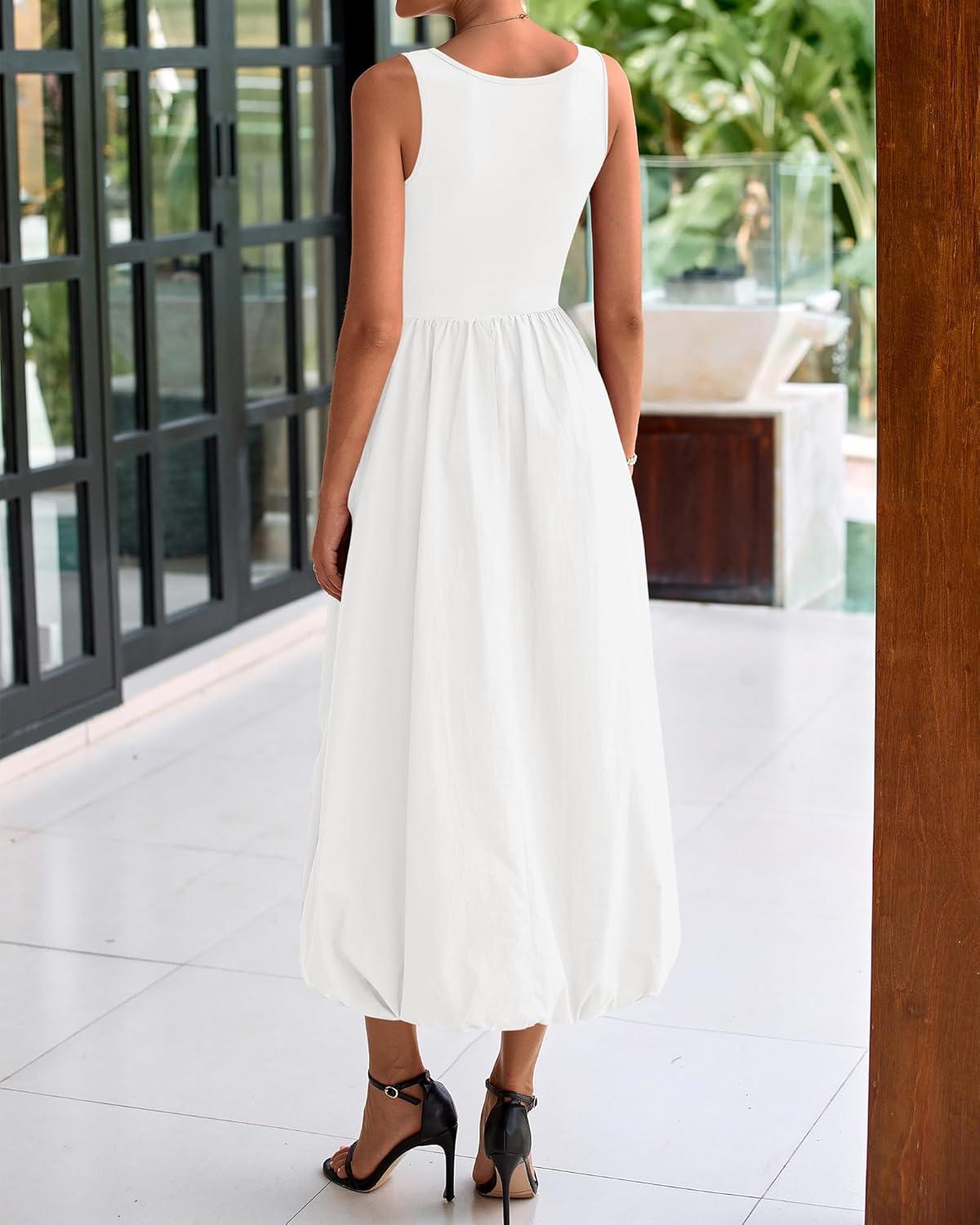 imageBTFBM Womens 2026 Summer Casual Sleeveless Midi Dress Patchwork Knit Tank Bubble Long Flowy Beach Maxi Sundress PocketsWhite