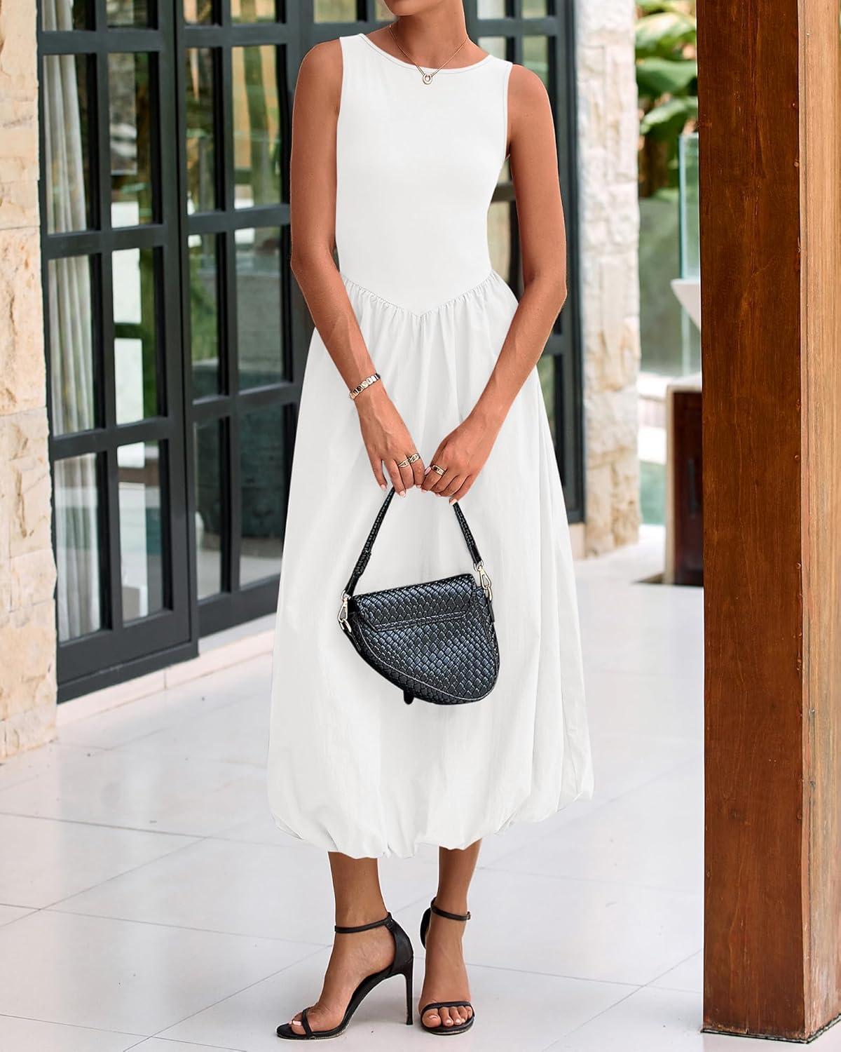 imageBTFBM Womens 2026 Summer Casual Sleeveless Midi Dress Patchwork Knit Tank Bubble Long Flowy Beach Maxi Sundress PocketsWhite