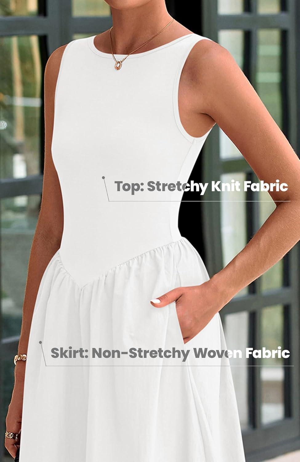 imageBTFBM Womens 2026 Summer Casual Sleeveless Midi Dress Patchwork Knit Tank Bubble Long Flowy Beach Maxi Sundress PocketsWhite