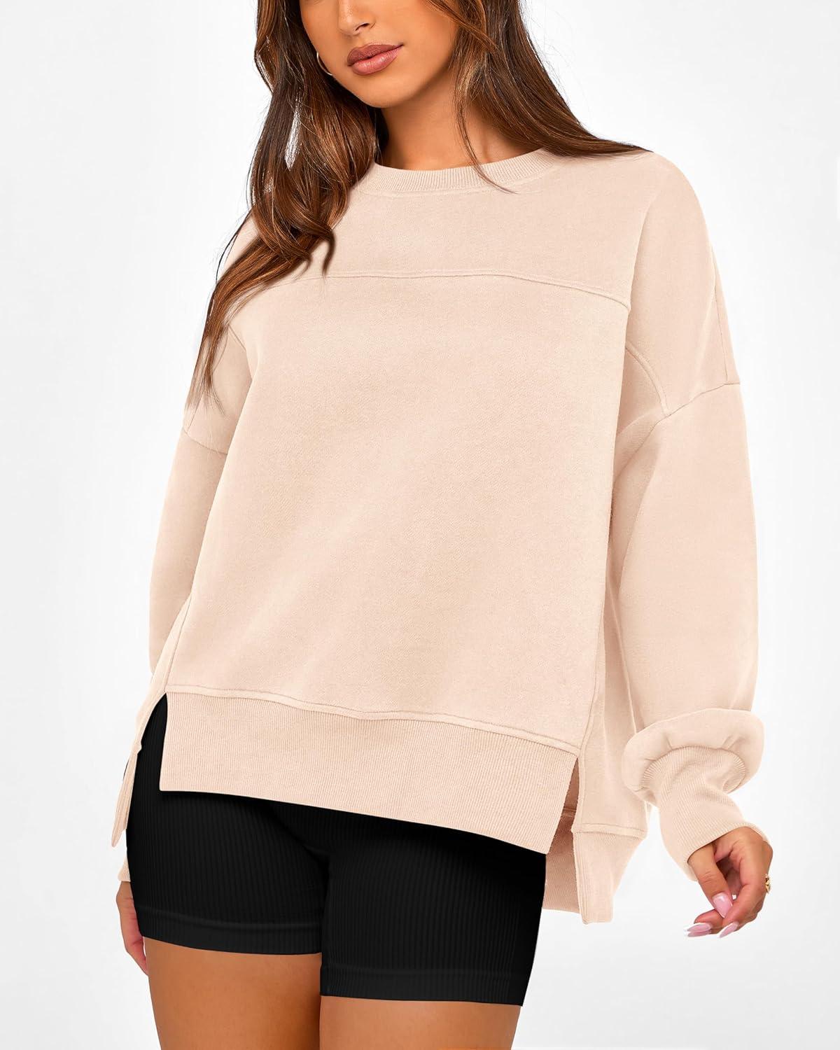 imageBTFBM Womens Casual Crewneck Sweatshirts 2026 Spring Fall Clothes Long Sleeve Side Slit Workout Fleece Pullover TopsBeige