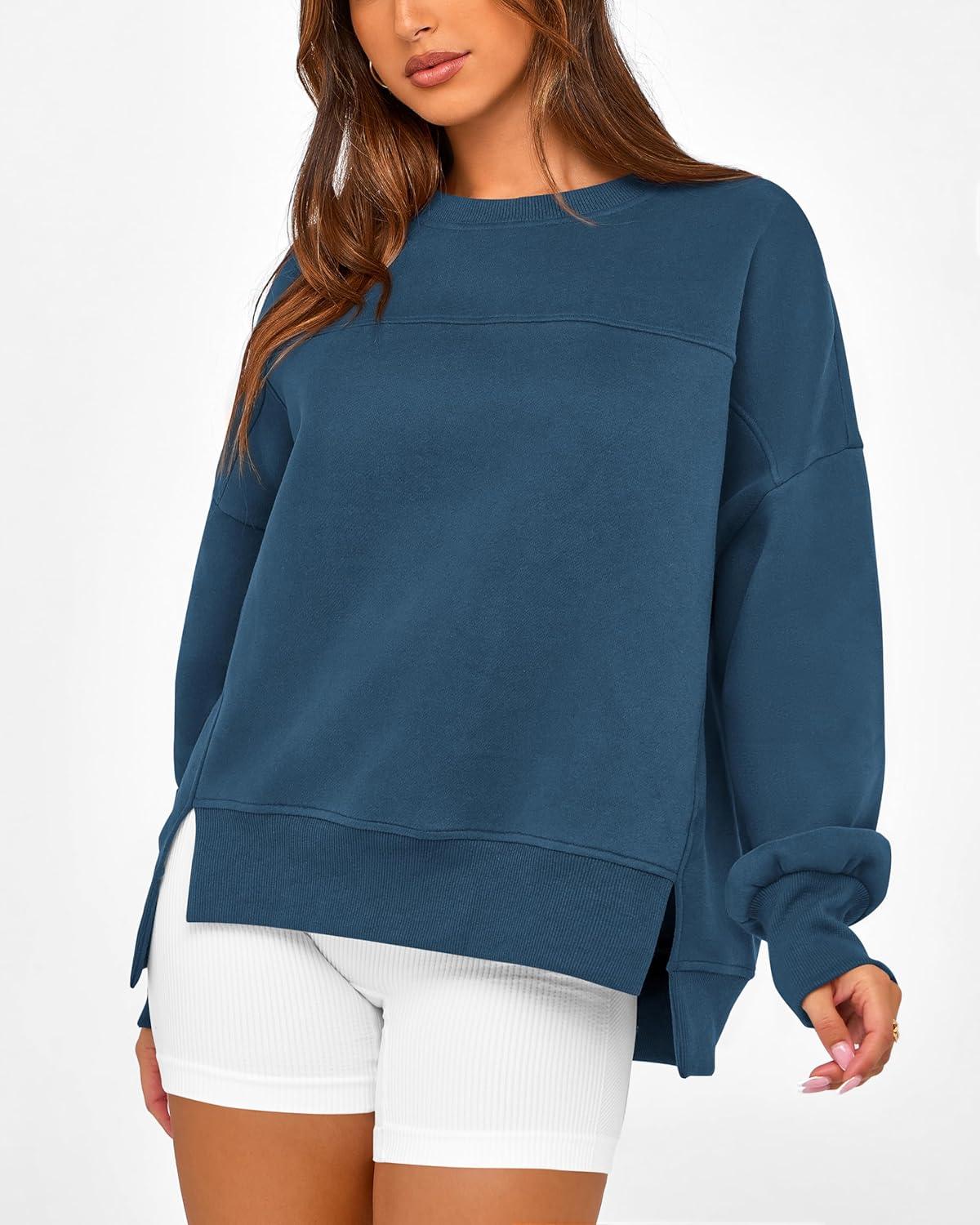 imageBTFBM Womens Casual Crewneck Sweatshirts 2026 Spring Fall Clothes Long Sleeve Side Slit Workout Fleece Pullover TopsDark Blue