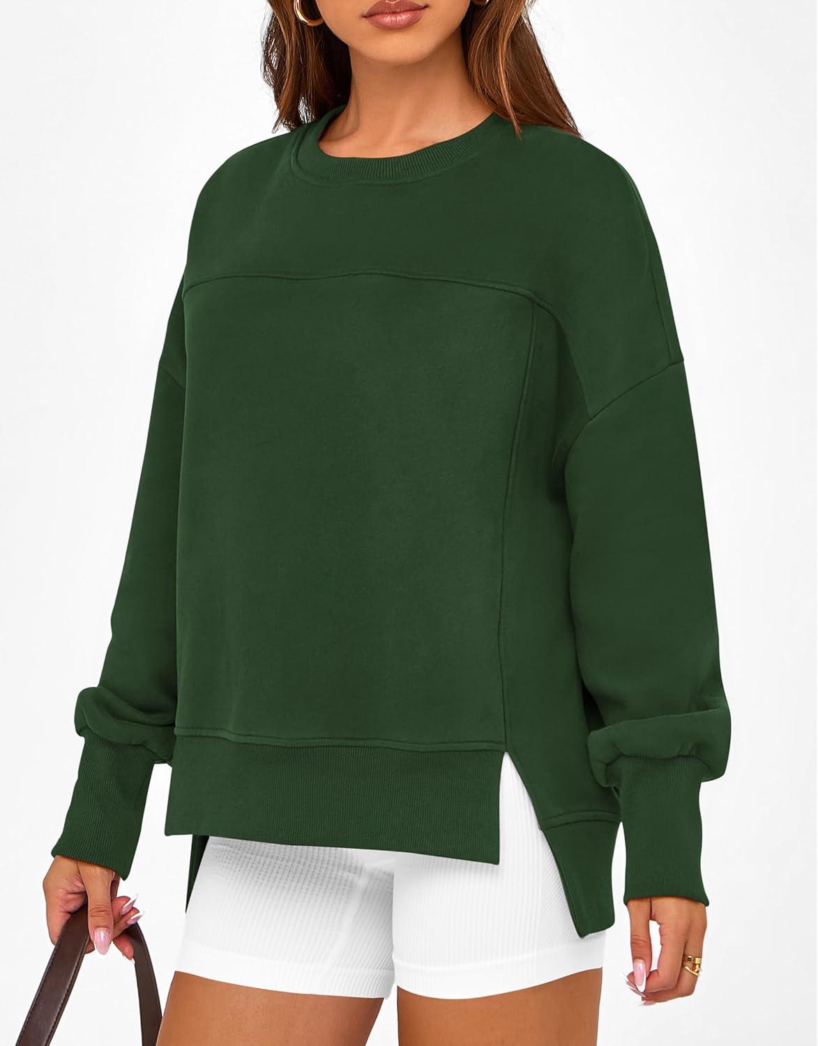 imageBTFBM Womens Casual Crewneck Sweatshirts 2026 Spring Fall Clothes Long Sleeve Side Slit Workout Fleece Pullover TopsDark Green