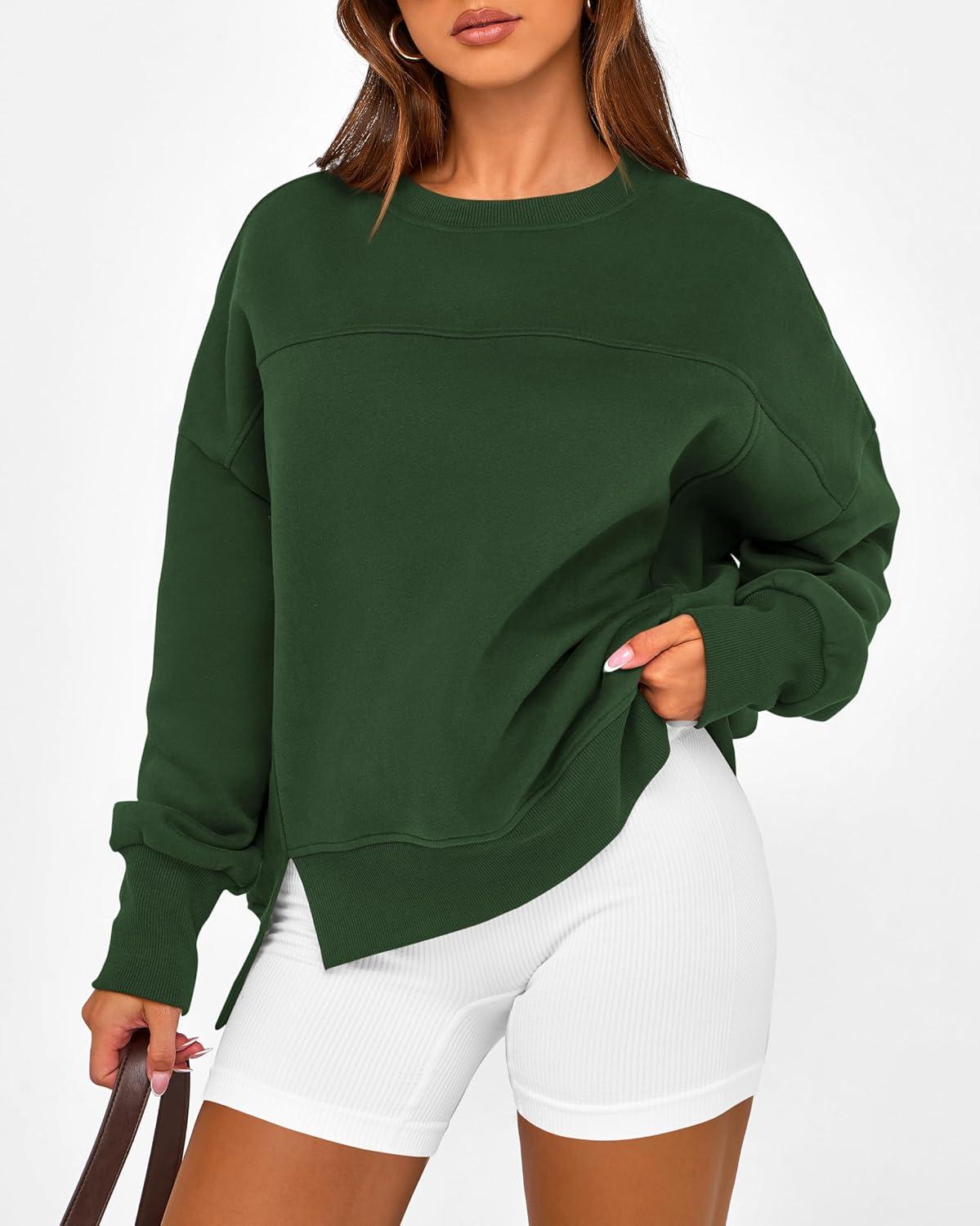 imageBTFBM Womens Casual Crewneck Sweatshirts 2026 Spring Fall Clothes Long Sleeve Side Slit Workout Fleece Pullover TopsDark Green