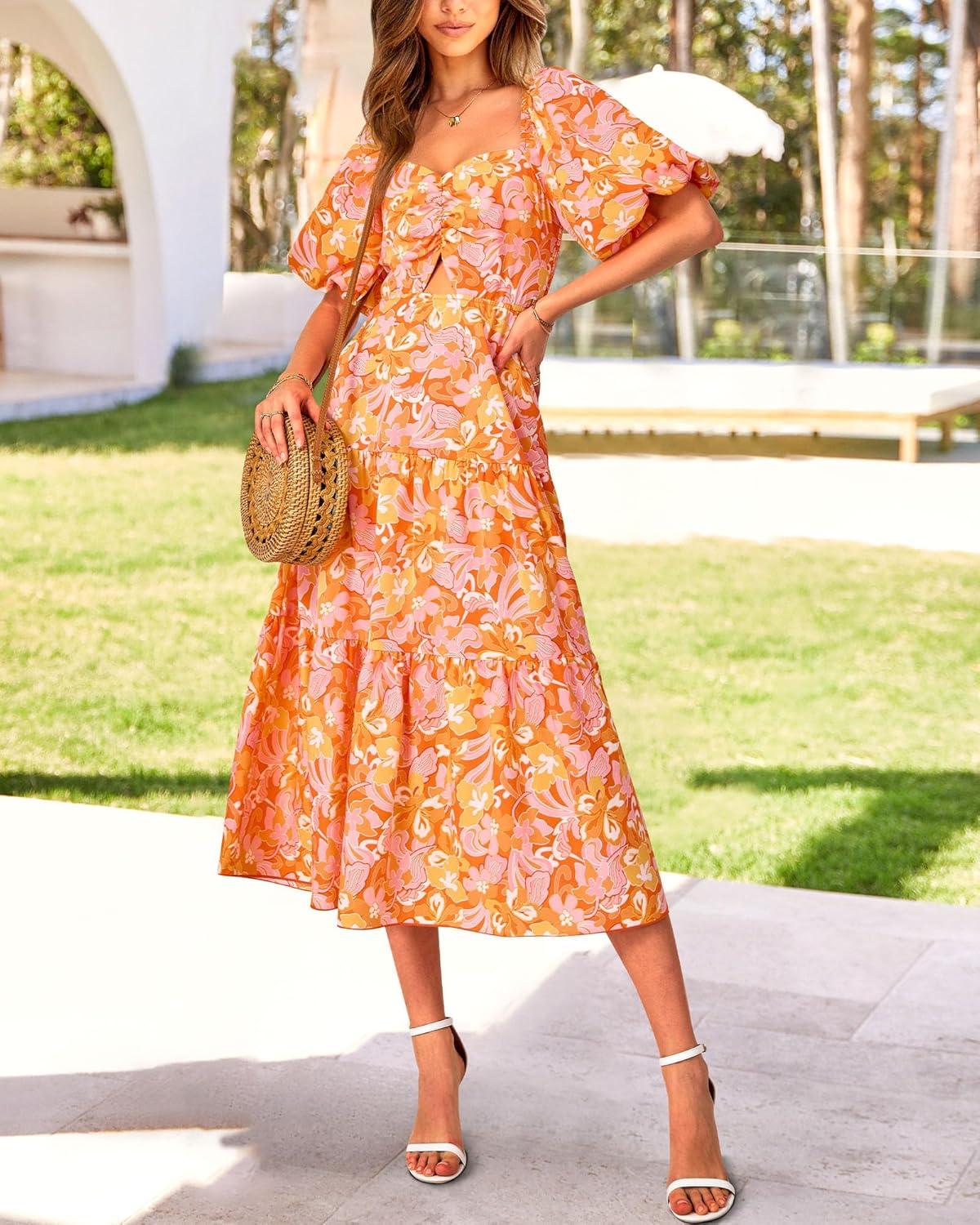 imageBTFBM Womens Clothing Spring Summer Dresses 2026 Beach Vacation Short Sleeve Smocked Back Boho Casual Floral Maxi DressPrint Orange