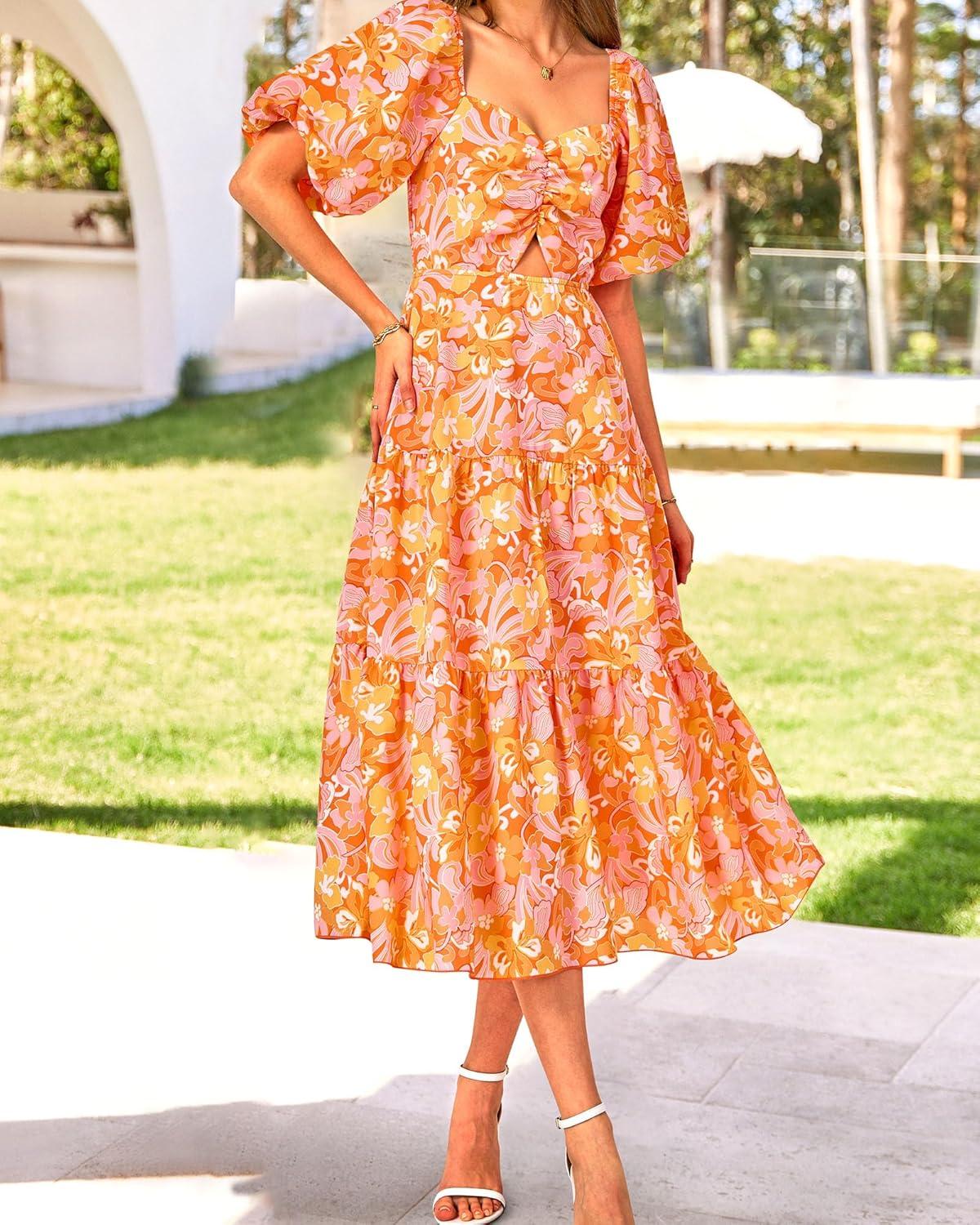 imageBTFBM Womens Clothing Spring Summer Dresses 2026 Beach Vacation Short Sleeve Smocked Back Boho Casual Floral Maxi DressPrint Orange
