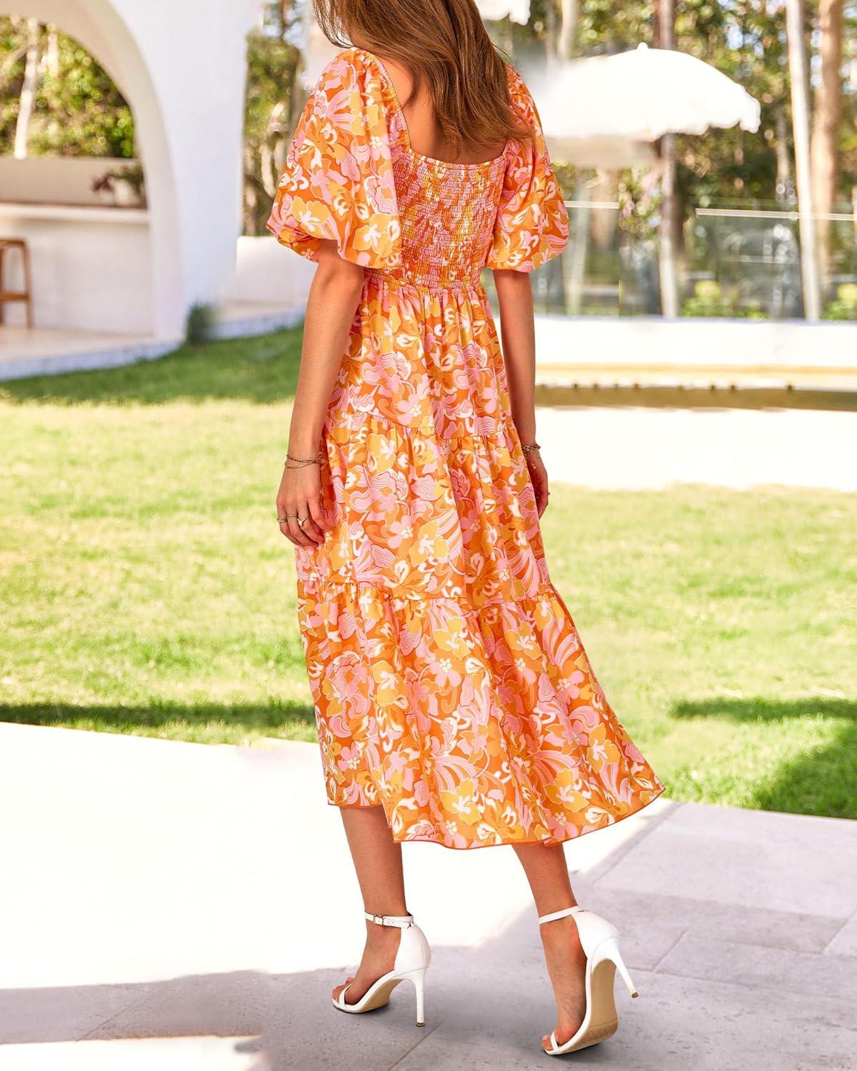 imageBTFBM Womens Clothing Spring Summer Dresses 2026 Beach Vacation Short Sleeve Smocked Back Boho Casual Floral Maxi DressPrint Orange