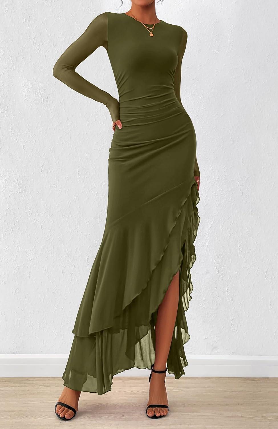 imageBTFBM Womens Maxi Dresses Fall 2025 Long Sleeve Ruched Bodycon Solid Ruffle Mermaid Cocktail Wedding Guest DressArmy Green