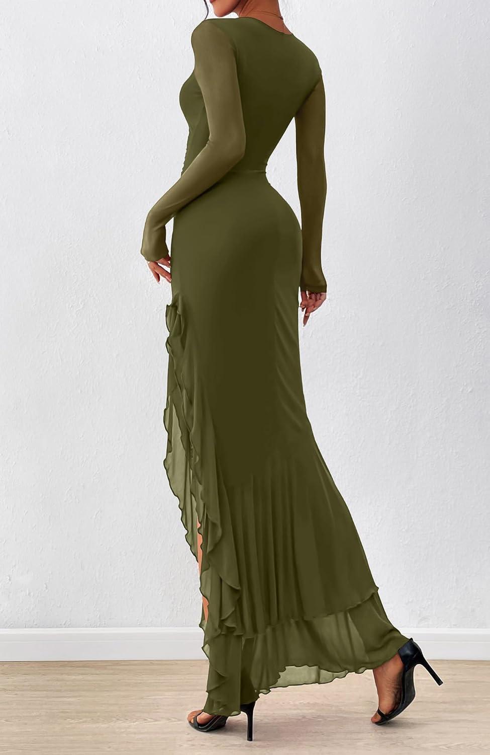 imageBTFBM Womens Maxi Dresses Fall 2025 Long Sleeve Ruched Bodycon Solid Ruffle Mermaid Cocktail Wedding Guest DressArmy Green