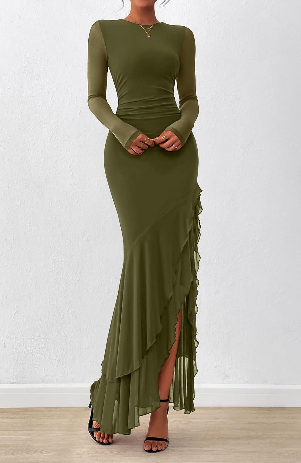 imageBTFBM Womens Maxi Dresses Fall 2025 Long Sleeve Ruched Bodycon Solid Ruffle Mermaid Cocktail Wedding Guest DressArmy Green