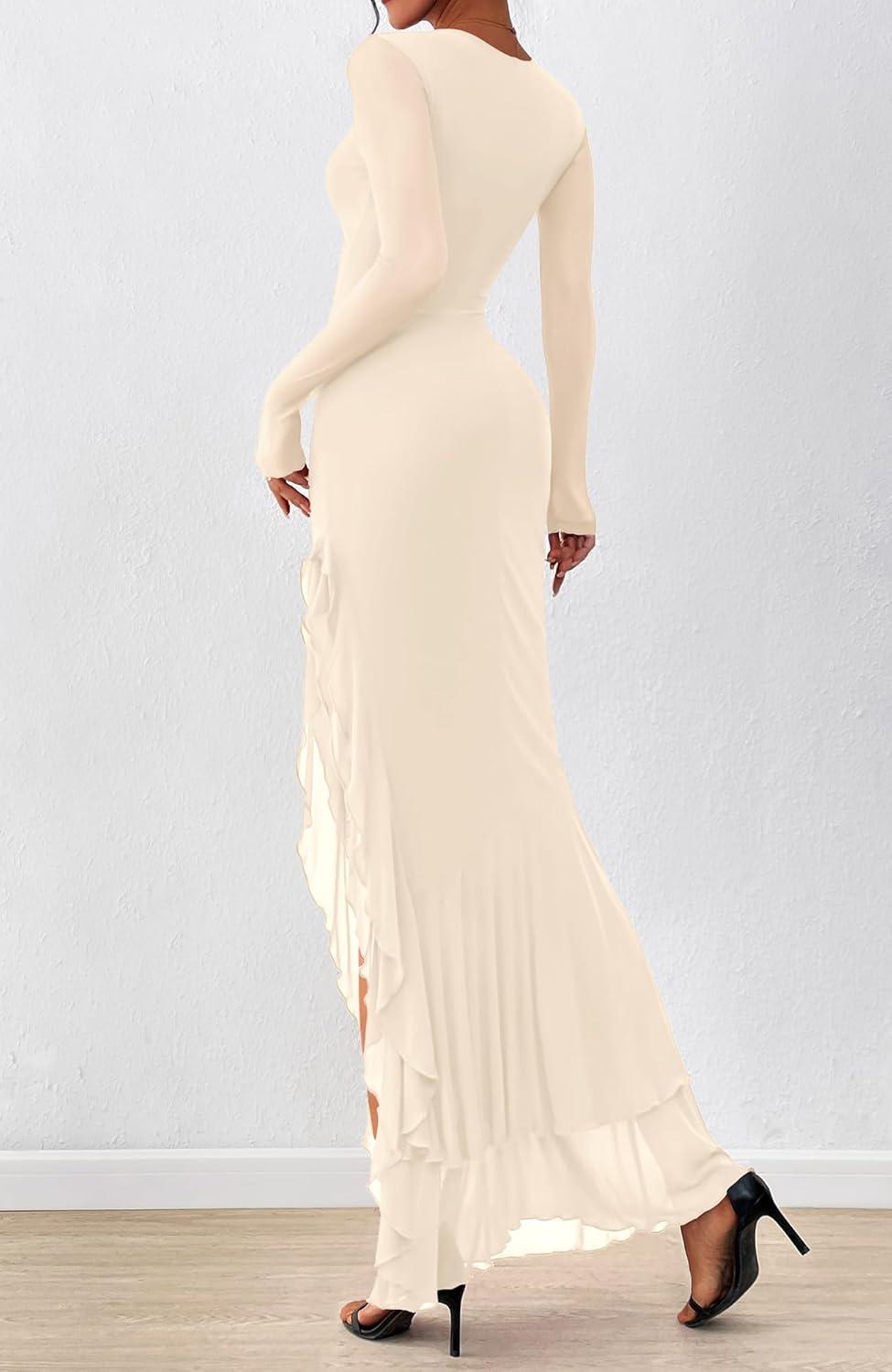 imageBTFBM Womens Maxi Dresses Fall 2025 Long Sleeve Ruched Bodycon Solid Ruffle Mermaid Cocktail Wedding Guest DressBeige