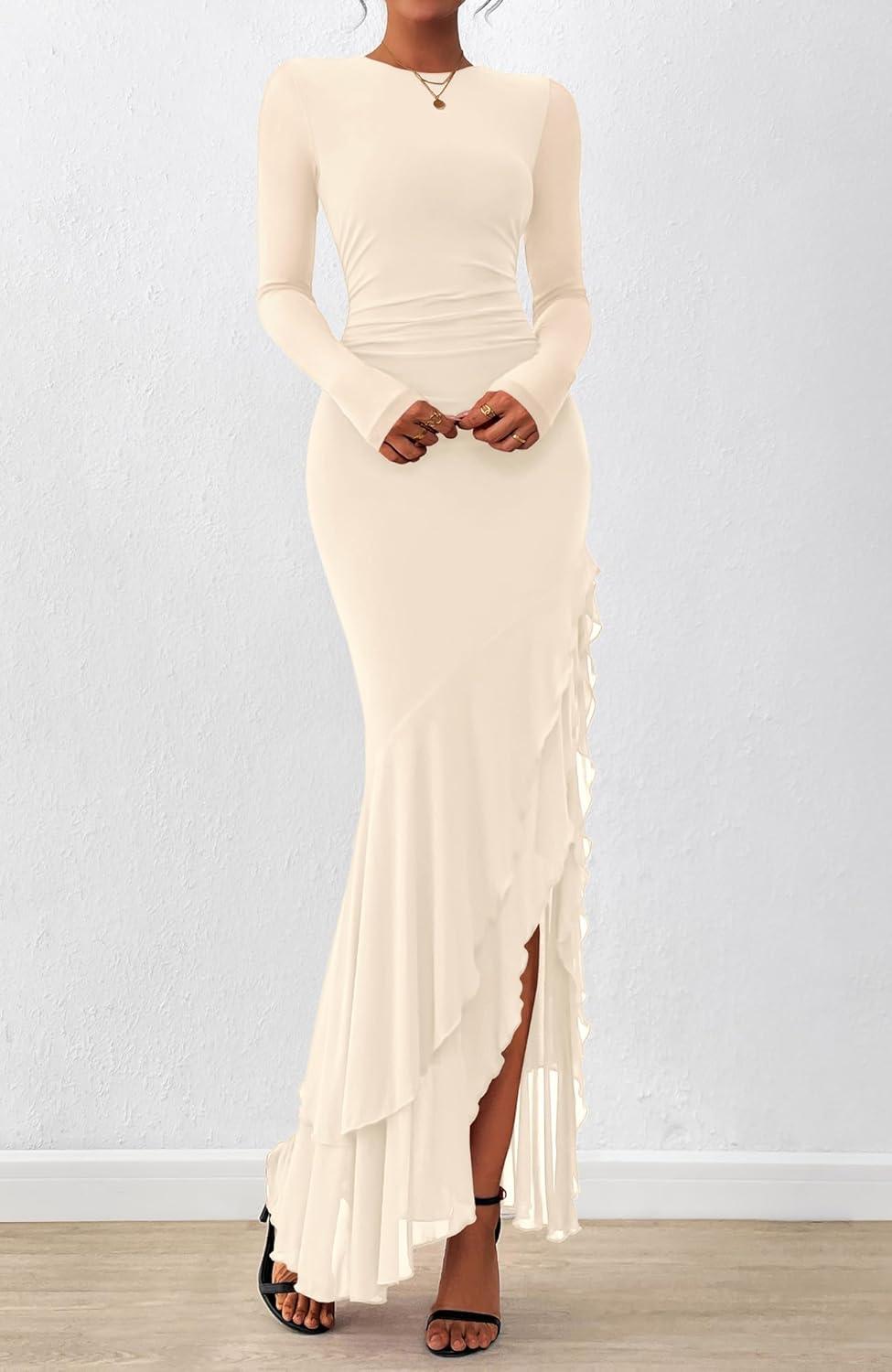 imageBTFBM Womens Maxi Dresses Fall 2025 Long Sleeve Ruched Bodycon Solid Ruffle Mermaid Cocktail Wedding Guest DressBeige