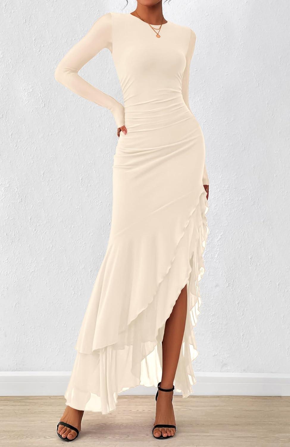 imageBTFBM Womens Maxi Dresses Fall 2025 Long Sleeve Ruched Bodycon Solid Ruffle Mermaid Cocktail Wedding Guest DressBeige