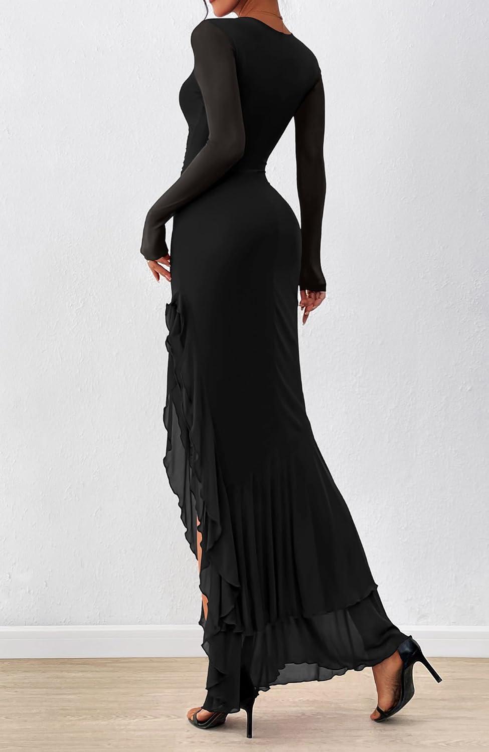 imageBTFBM Womens Maxi Dresses Fall 2025 Long Sleeve Ruched Bodycon Solid Ruffle Mermaid Cocktail Wedding Guest DressBlack
