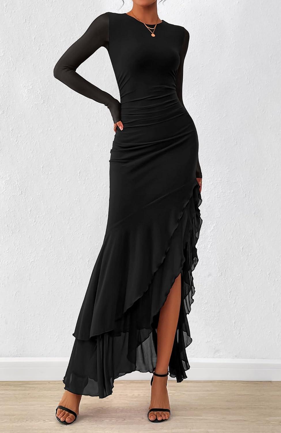 imageBTFBM Womens Maxi Dresses Fall 2025 Long Sleeve Ruched Bodycon Solid Ruffle Mermaid Cocktail Wedding Guest DressBlack