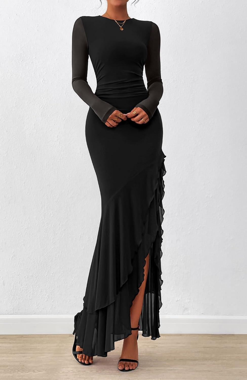 imageBTFBM Womens Maxi Dresses Fall 2025 Long Sleeve Ruched Bodycon Solid Ruffle Mermaid Cocktail Wedding Guest DressBlack