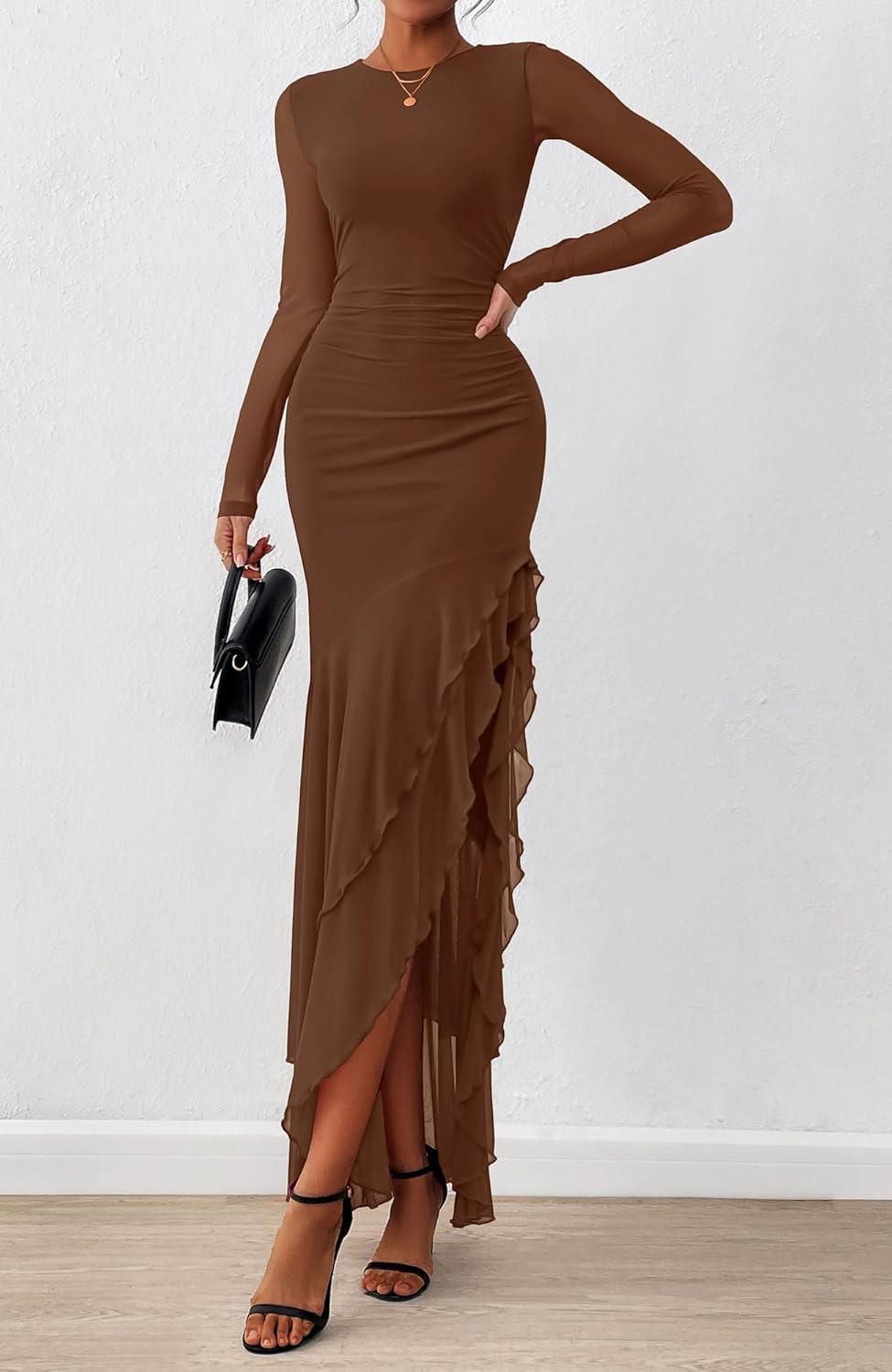 imageBTFBM Womens Maxi Dresses Fall 2025 Long Sleeve Ruched Bodycon Solid Ruffle Mermaid Cocktail Wedding Guest DressBrown