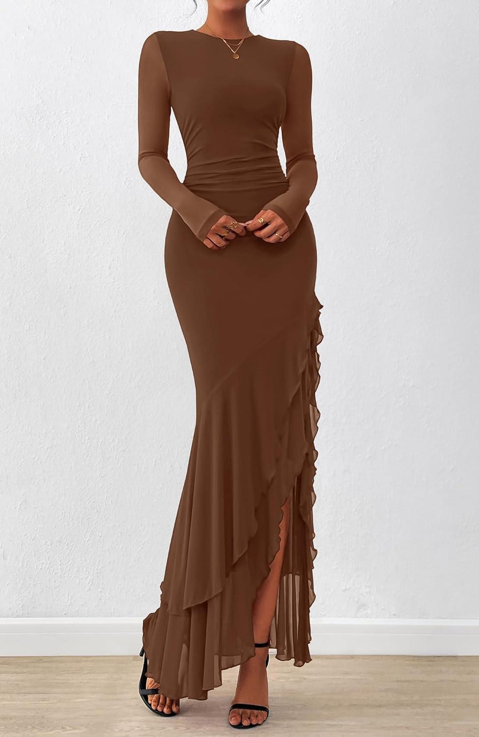 imageBTFBM Womens Maxi Dresses Fall 2025 Long Sleeve Ruched Bodycon Solid Ruffle Mermaid Cocktail Wedding Guest DressBrown