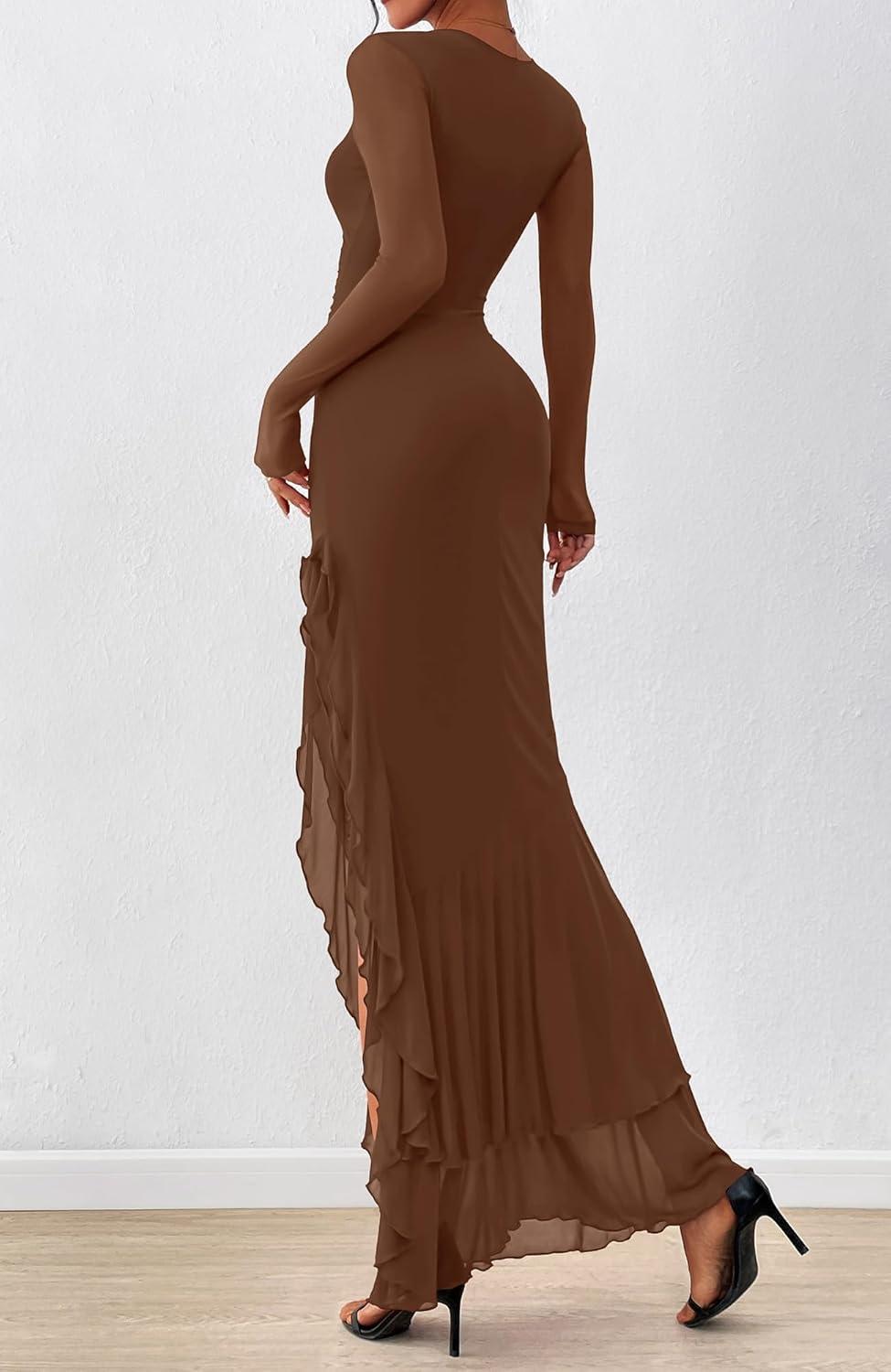imageBTFBM Womens Maxi Dresses Fall 2025 Long Sleeve Ruched Bodycon Solid Ruffle Mermaid Cocktail Wedding Guest DressBrown