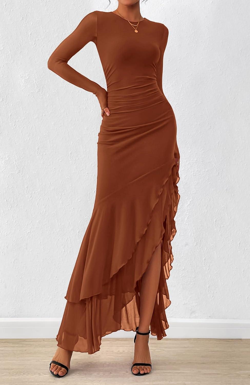 imageBTFBM Womens Maxi Dresses Fall 2025 Long Sleeve Ruched Bodycon Solid Ruffle Mermaid Cocktail Wedding Guest DressCaramel