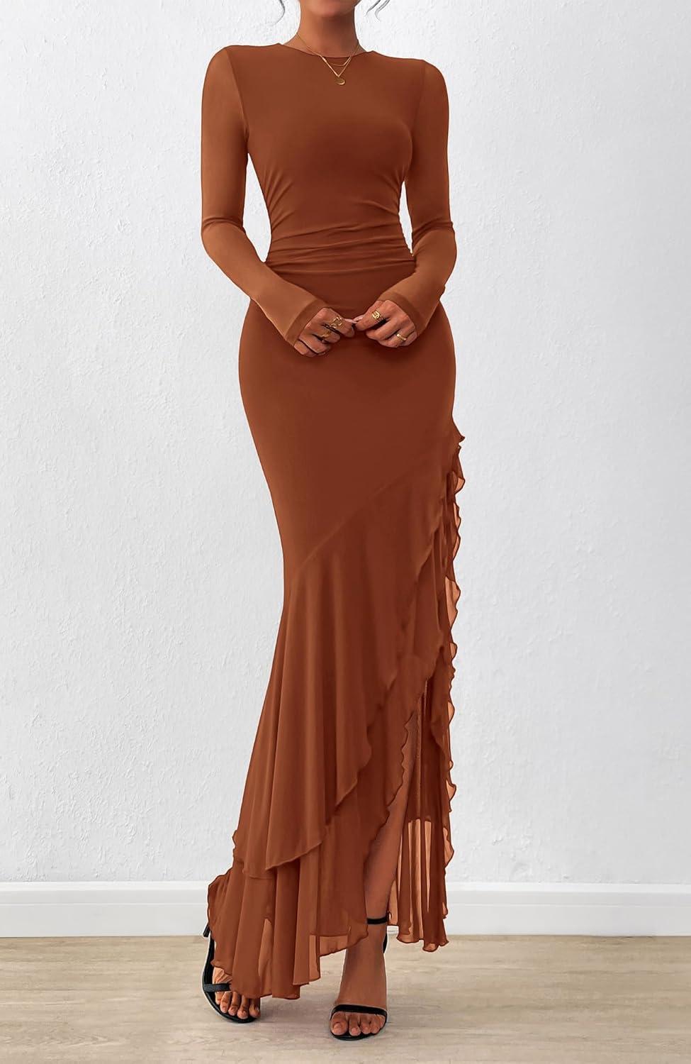 imageBTFBM Womens Maxi Dresses Fall 2025 Long Sleeve Ruched Bodycon Solid Ruffle Mermaid Cocktail Wedding Guest DressCaramel