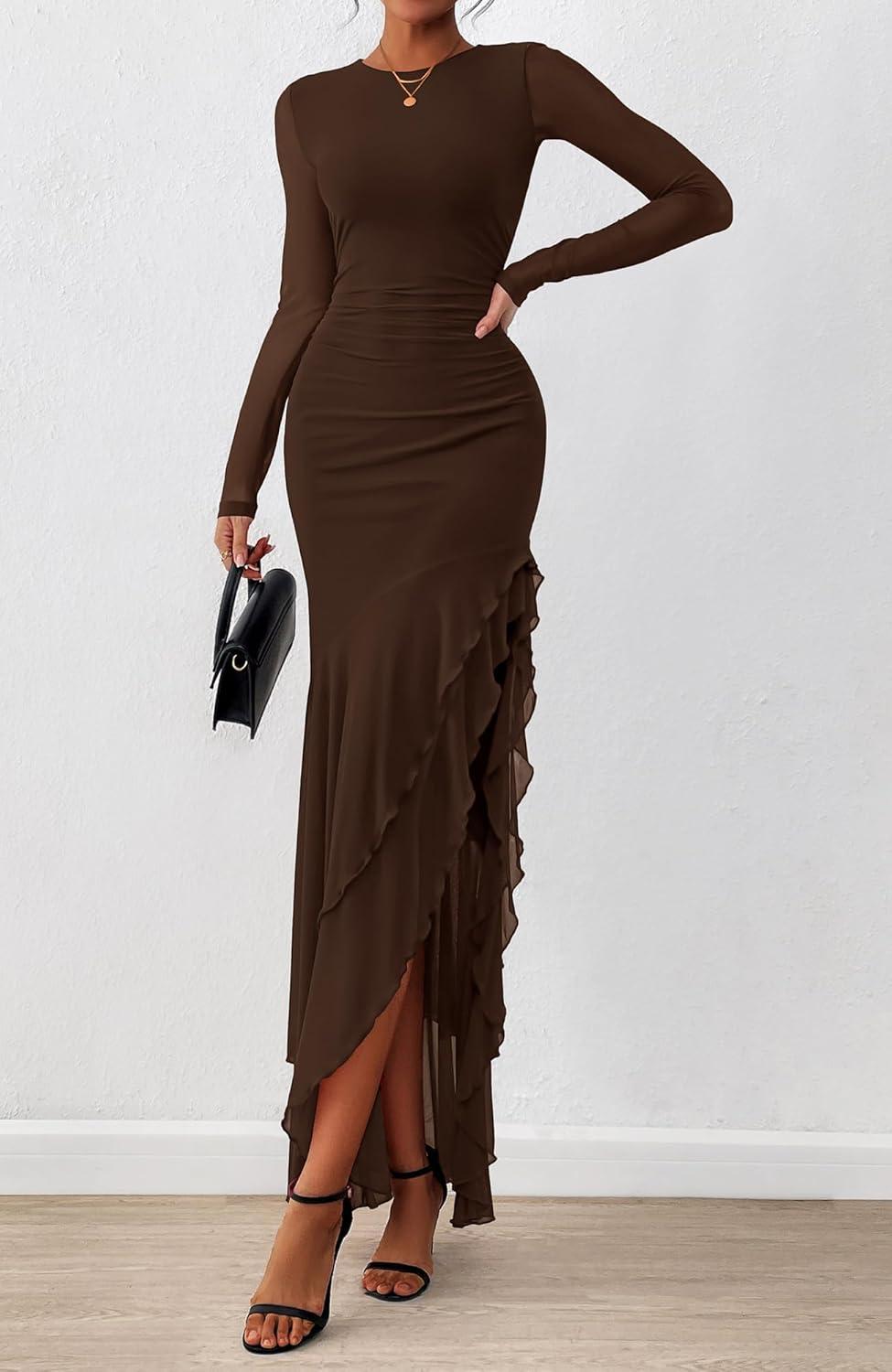 imageBTFBM Womens Maxi Dresses Fall 2025 Long Sleeve Ruched Bodycon Solid Ruffle Mermaid Cocktail Wedding Guest DressCoffee