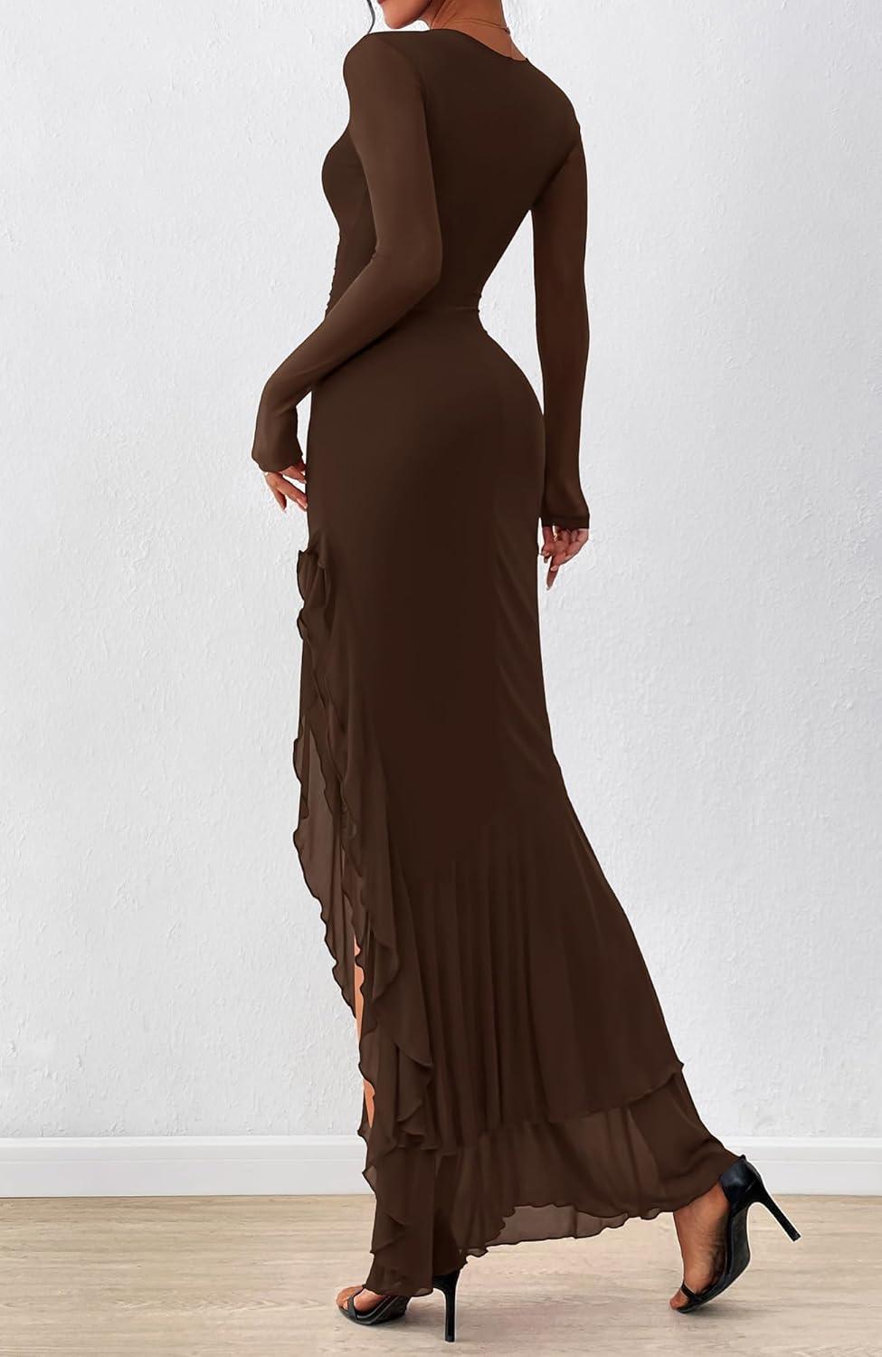 imageBTFBM Womens Maxi Dresses Fall 2025 Long Sleeve Ruched Bodycon Solid Ruffle Mermaid Cocktail Wedding Guest DressCoffee