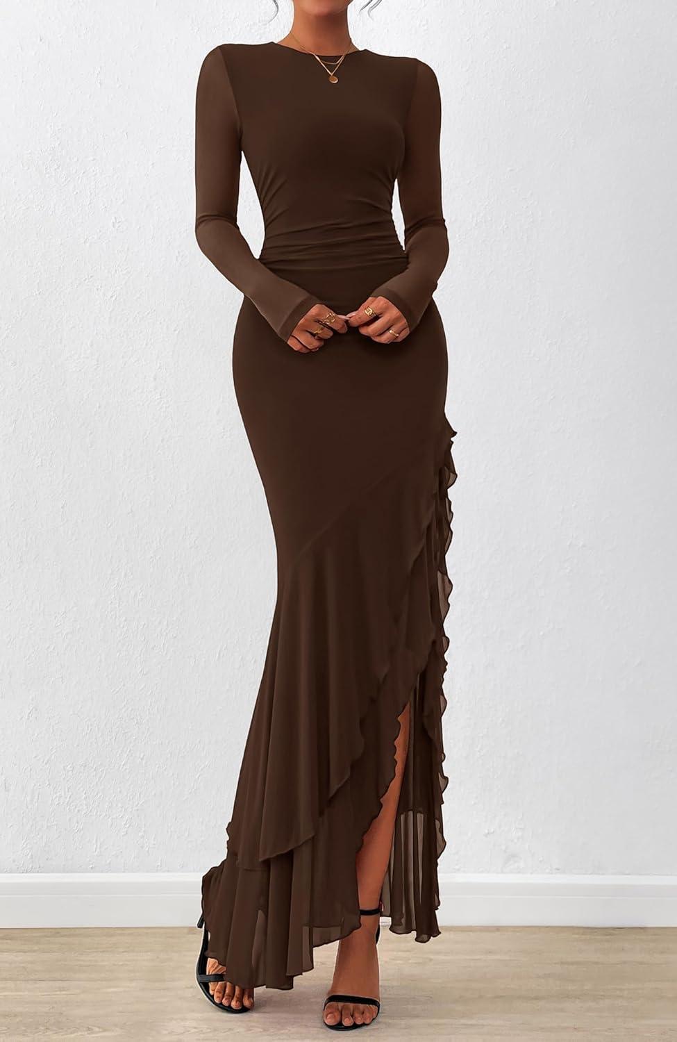 imageBTFBM Womens Maxi Dresses Fall 2025 Long Sleeve Ruched Bodycon Solid Ruffle Mermaid Cocktail Wedding Guest DressCoffee