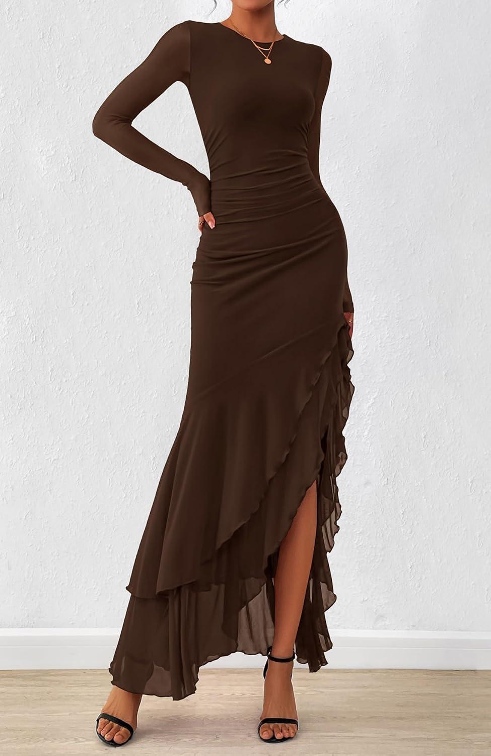 imageBTFBM Womens Maxi Dresses Fall 2025 Long Sleeve Ruched Bodycon Solid Ruffle Mermaid Cocktail Wedding Guest DressCoffee