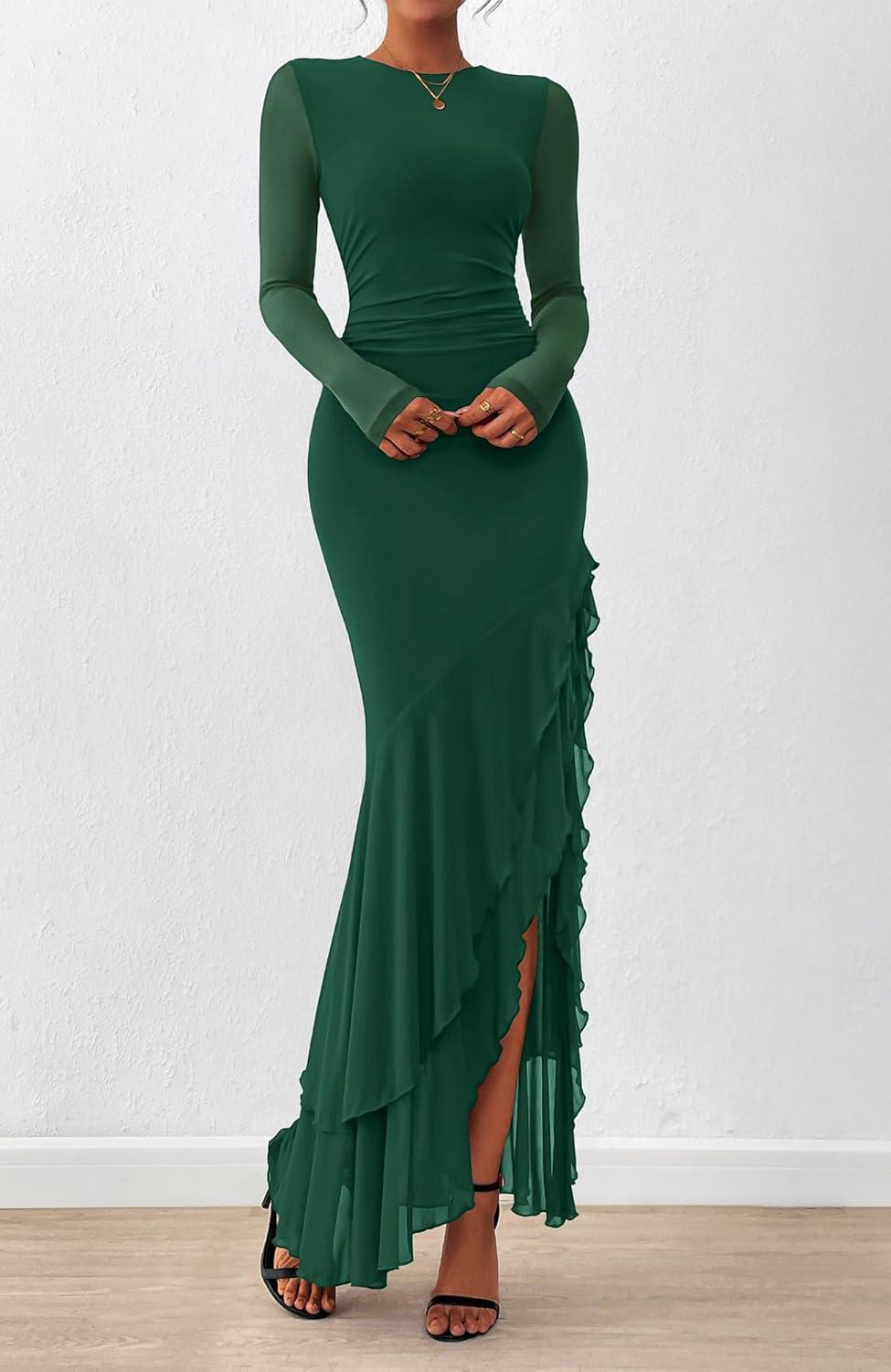 imageBTFBM Womens Maxi Dresses Fall 2025 Long Sleeve Ruched Bodycon Solid Ruffle Mermaid Cocktail Wedding Guest DressDark Green