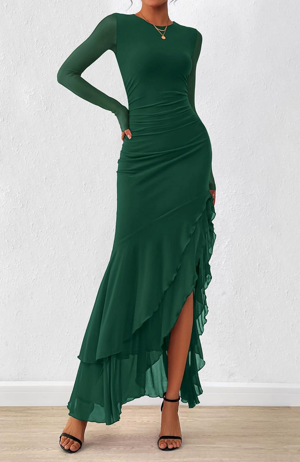 imageBTFBM Womens Maxi Dresses Fall 2025 Long Sleeve Ruched Bodycon Solid Ruffle Mermaid Cocktail Wedding Guest DressDark Green